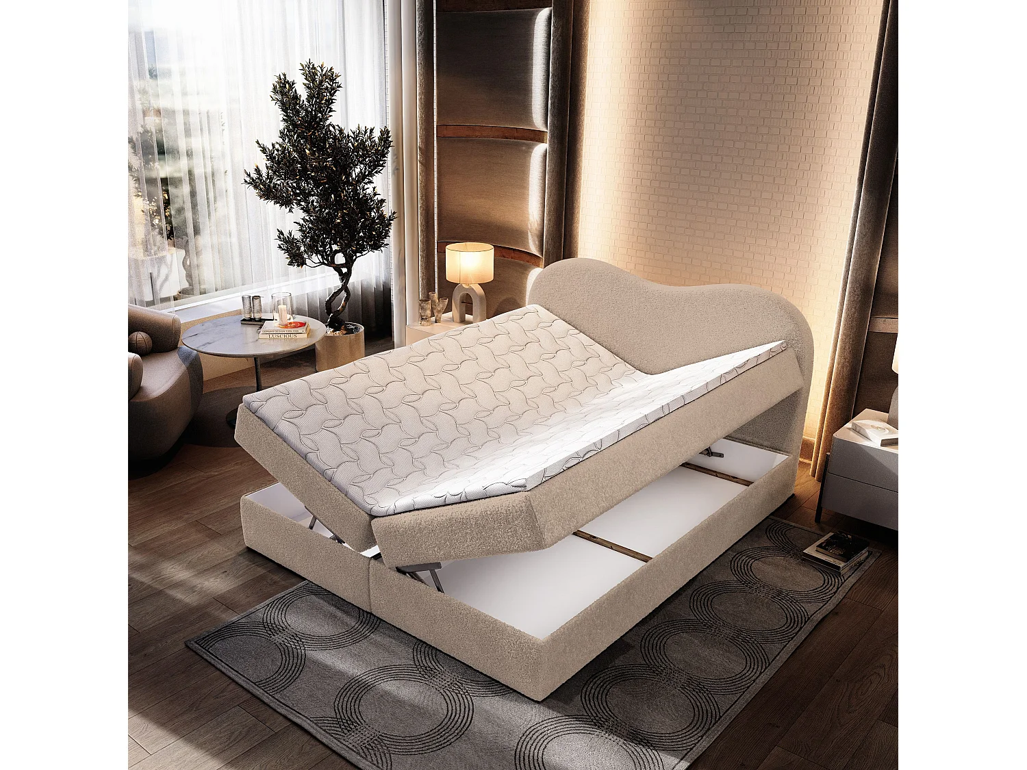 Lit continental FLUVIA, 180x200 cm, Tissu bouclé, Beige