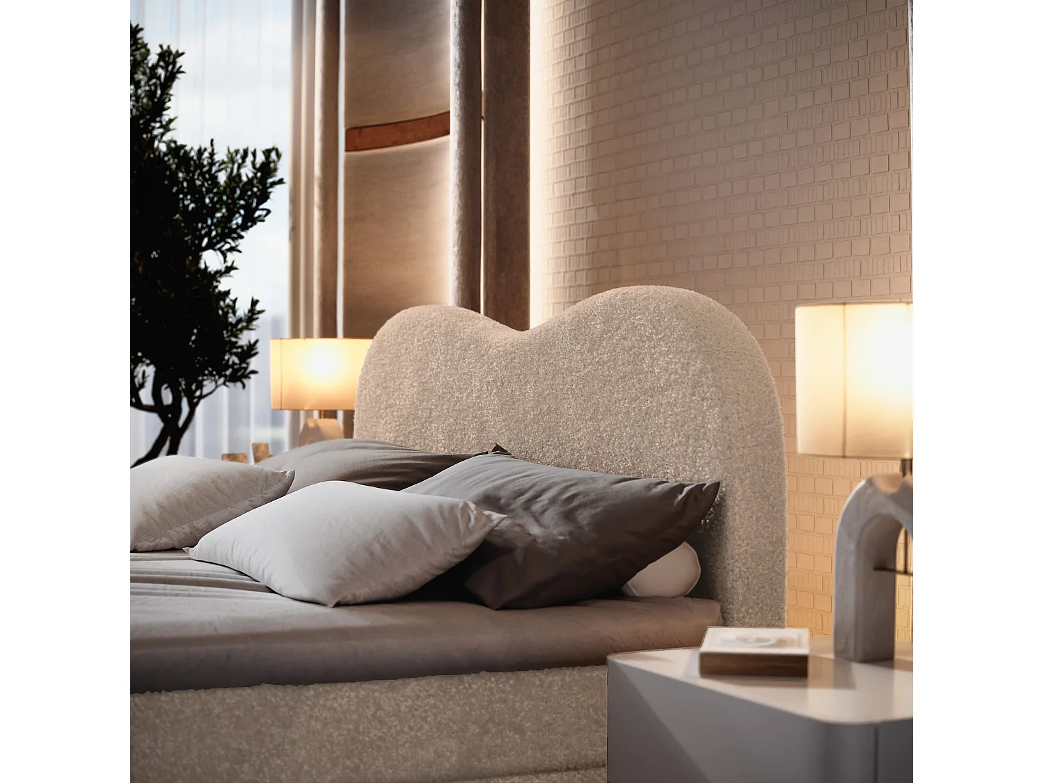 Lit continental FLUVIA, 180x200 cm, Tissu bouclé, Beige