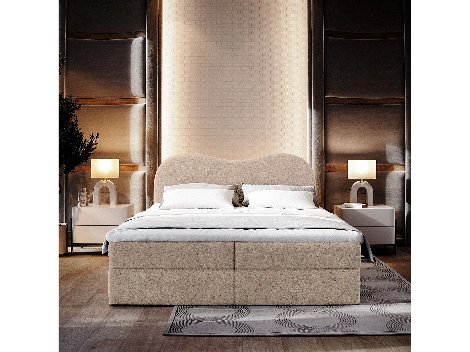 Lit continental FLUVIA, 180x200 cm, Tissu bouclé, Beige