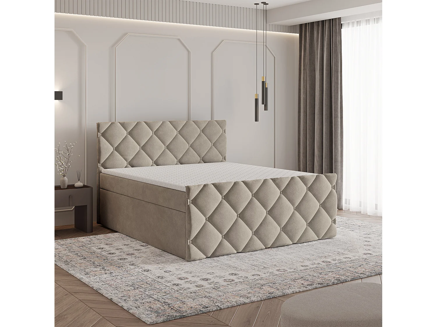 Lit continental ROVARI, 140x200 cm, Tissu pelucheux, Beige