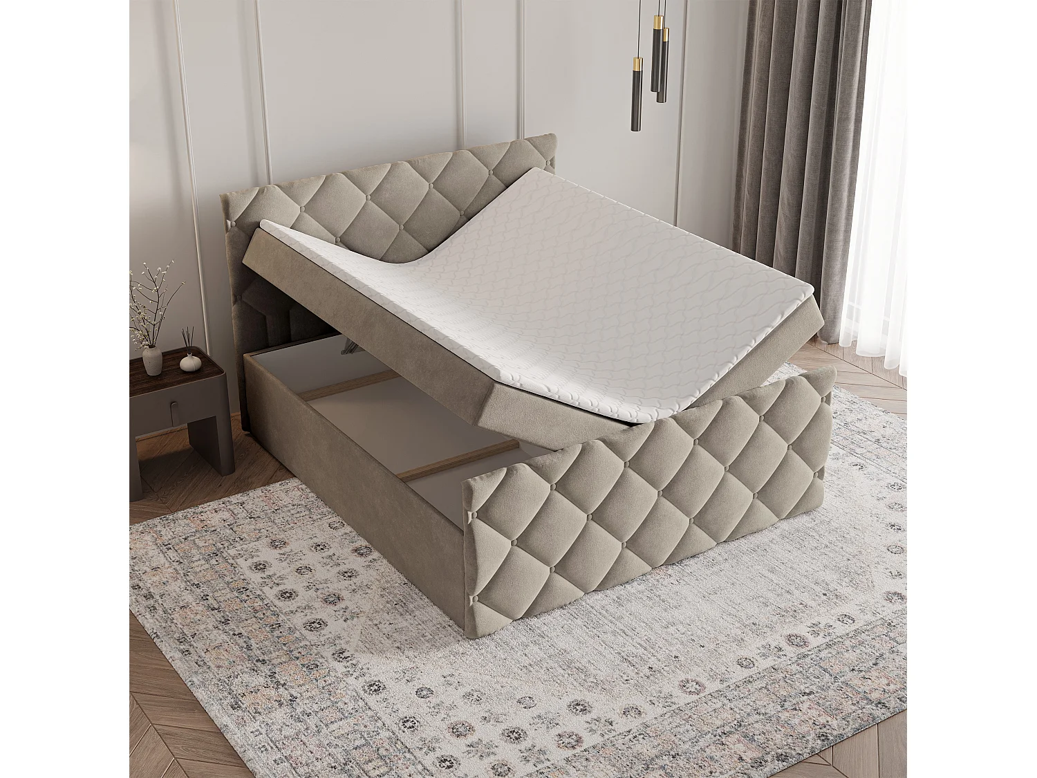 Lit continental ROVARI, 140x200 cm, Tissu pelucheux, Beige