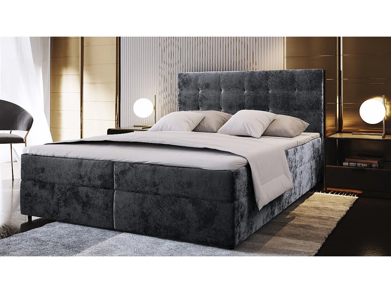 Lit continental GLOS, 160x200 cm, Tissu pelucheux, Gris