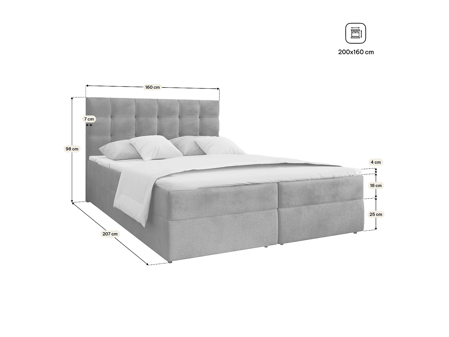 Lit continental GLOS, 160x200 cm, Tissu pelucheux, Gris