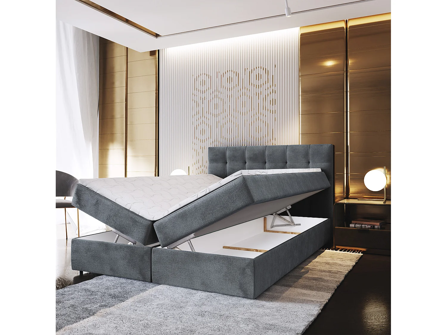 Lit continental GLOS, 160x200 cm, Tissu pelucheux, Gris