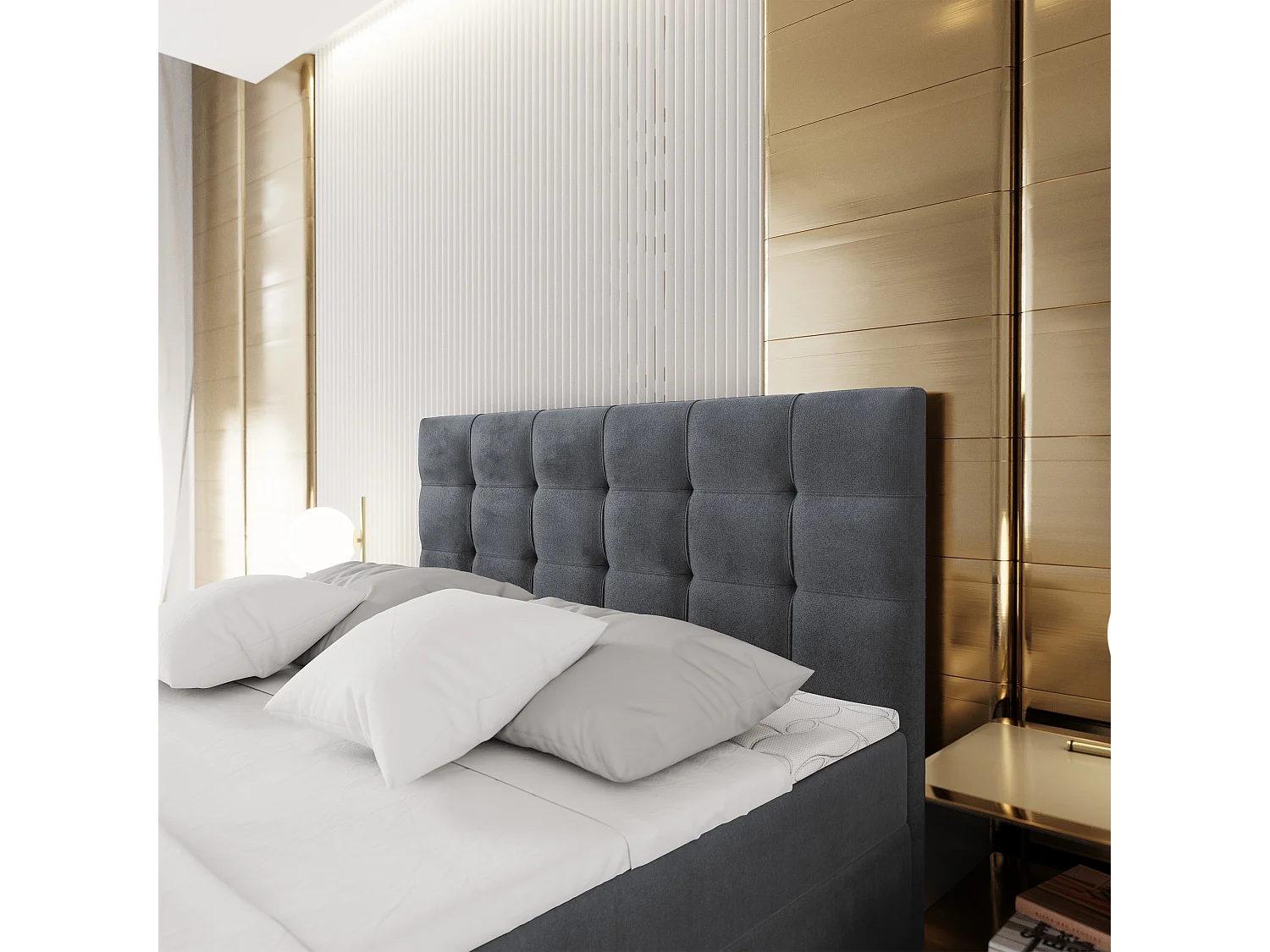 Lit continental GLOS, 160x200 cm, Tissu pelucheux, Gris