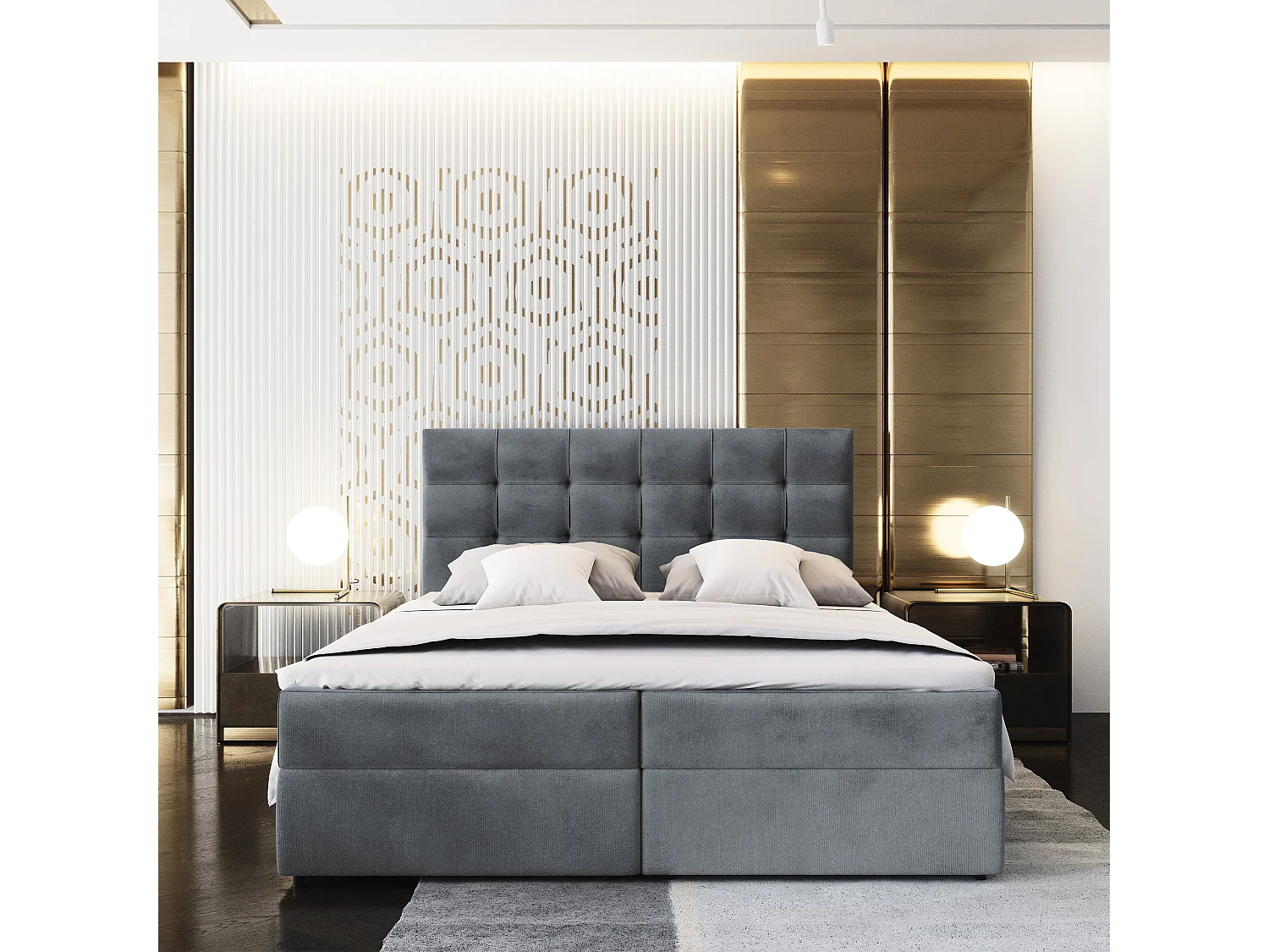 Lit continental GLOS, 160x200 cm, Tissu pelucheux, Gris