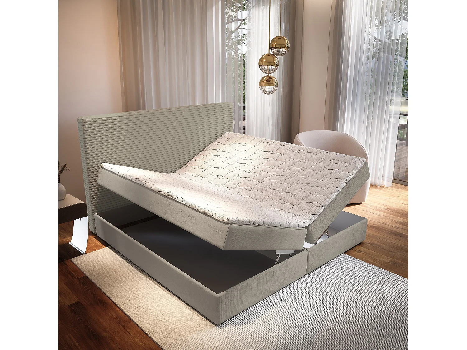 Lit continental GIARRO, 160x200 cm, Tissu pelucheux, Beige