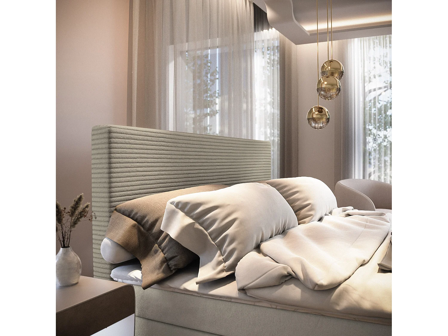 Lit continental GIARRO, 160x200 cm, Tissu pelucheux, Beige
