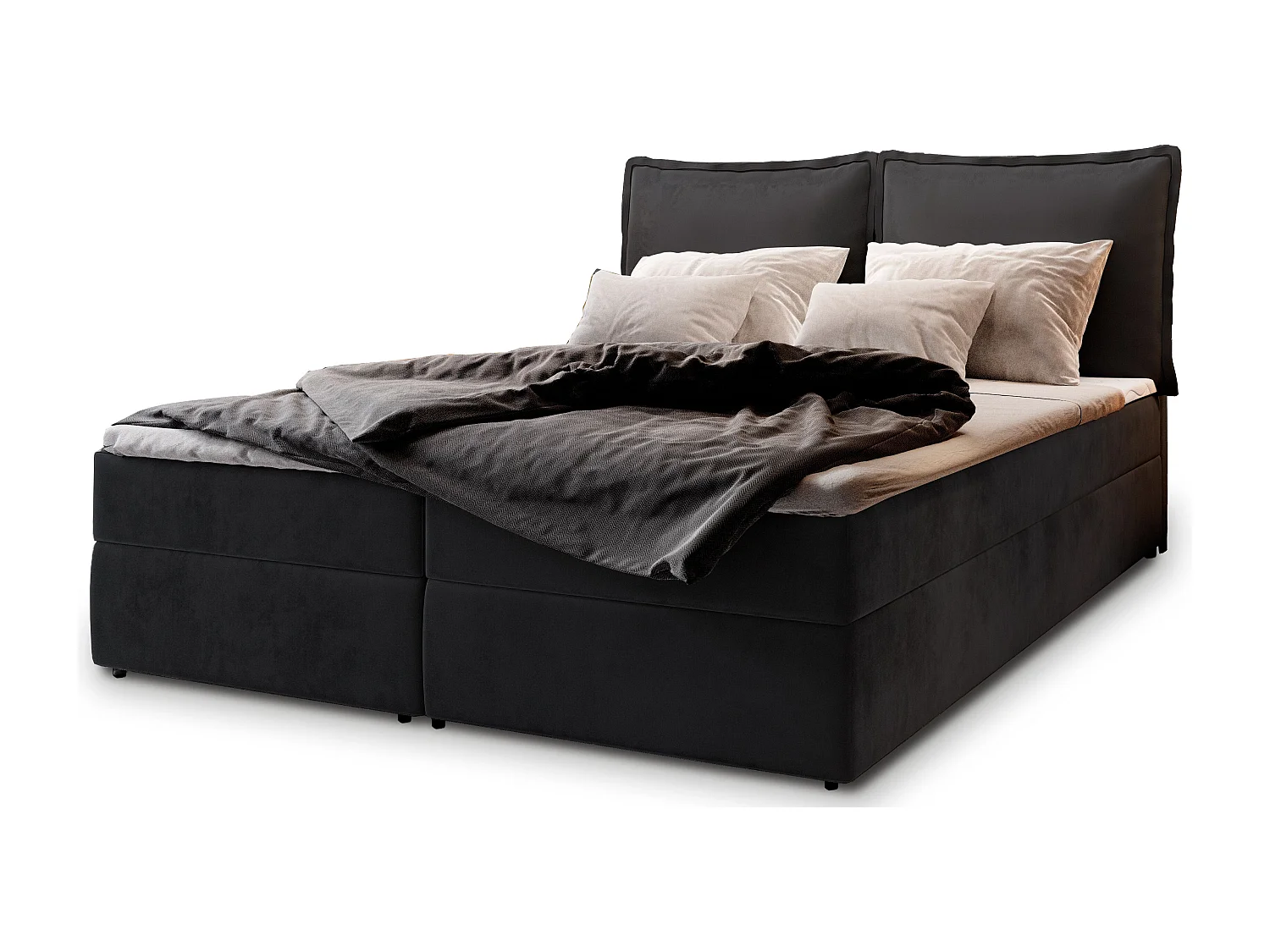 Lit continental LENTE, 160x200 cm, Tissu velours, Noir