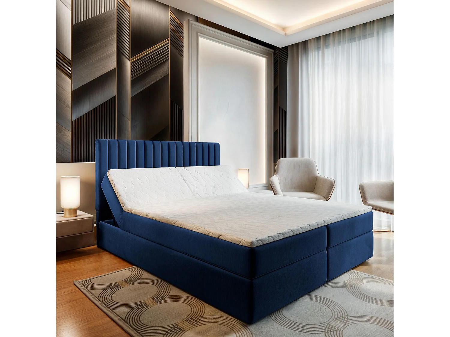 Lit continental MURLO, 180x200 cm, Tissu pelucheux, Bleu
