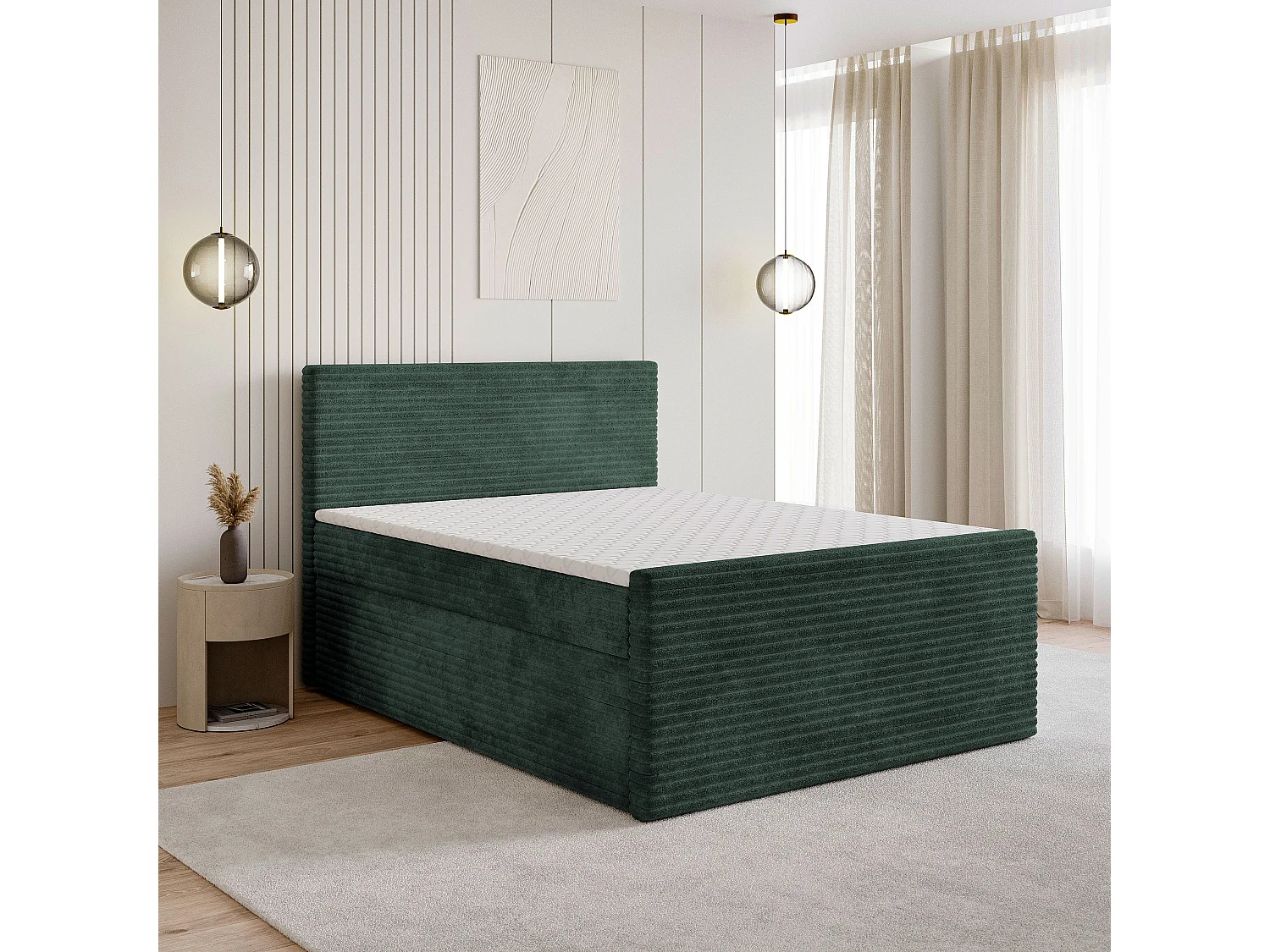 Boxspringbed NOLEN 140x200 cm Set met hoofdbord, bedbodem en matras, Dennengroen