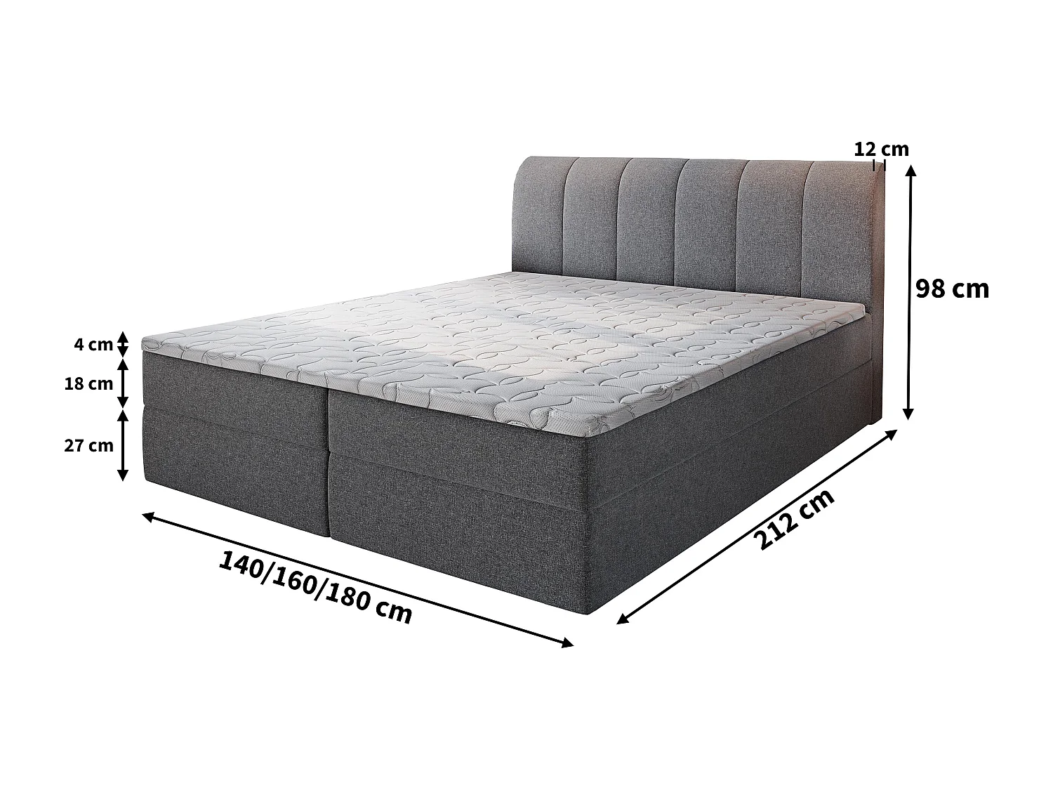 Boxspringbed CEVANO 160x200 cm Set met hoofdbord, bedbodem en matras, Grijs
