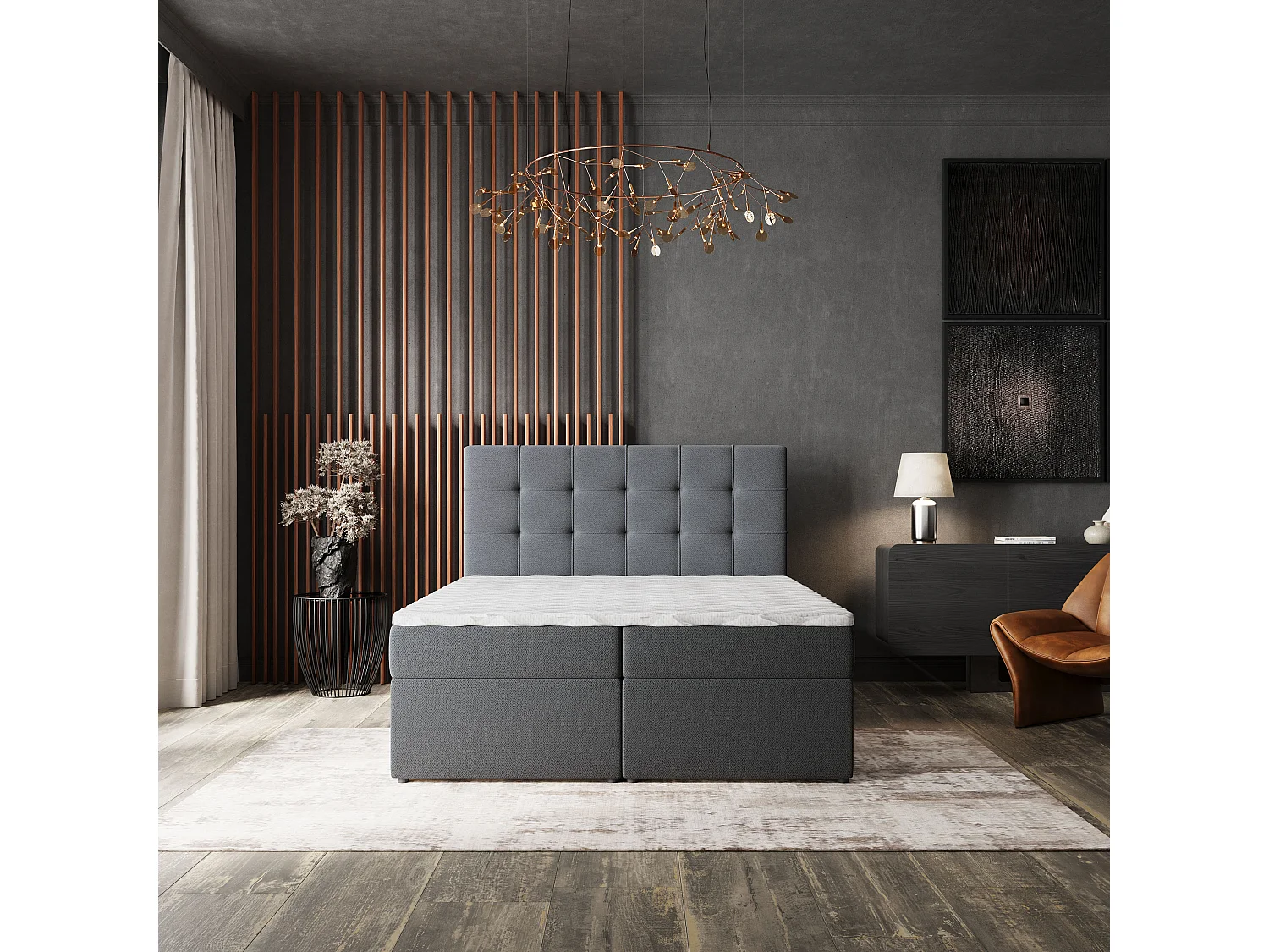 Lit continental PALMA, 160x200 cm, Tissu tressé, Gris