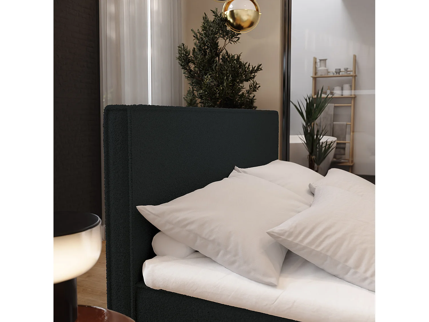 Lit continental PELLIO, 160x200 cm, Tissu bouclé, Noir