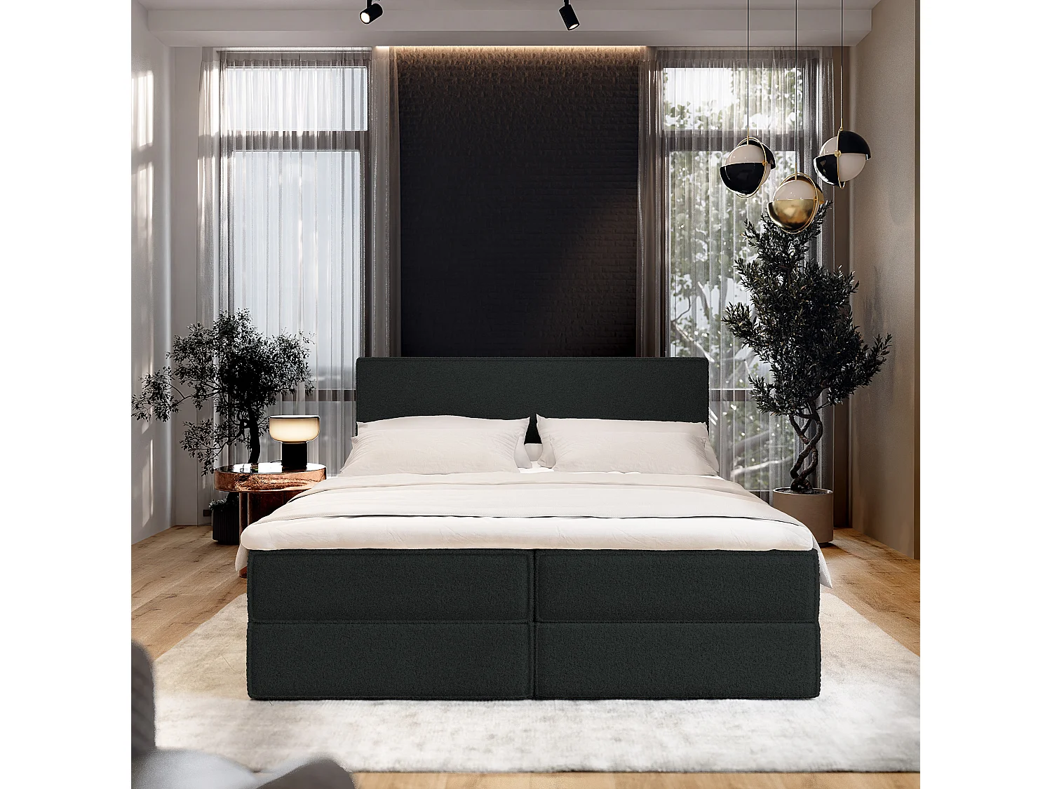 Lit continental PELLIO, 160x200 cm, Tissu bouclé, Noir
