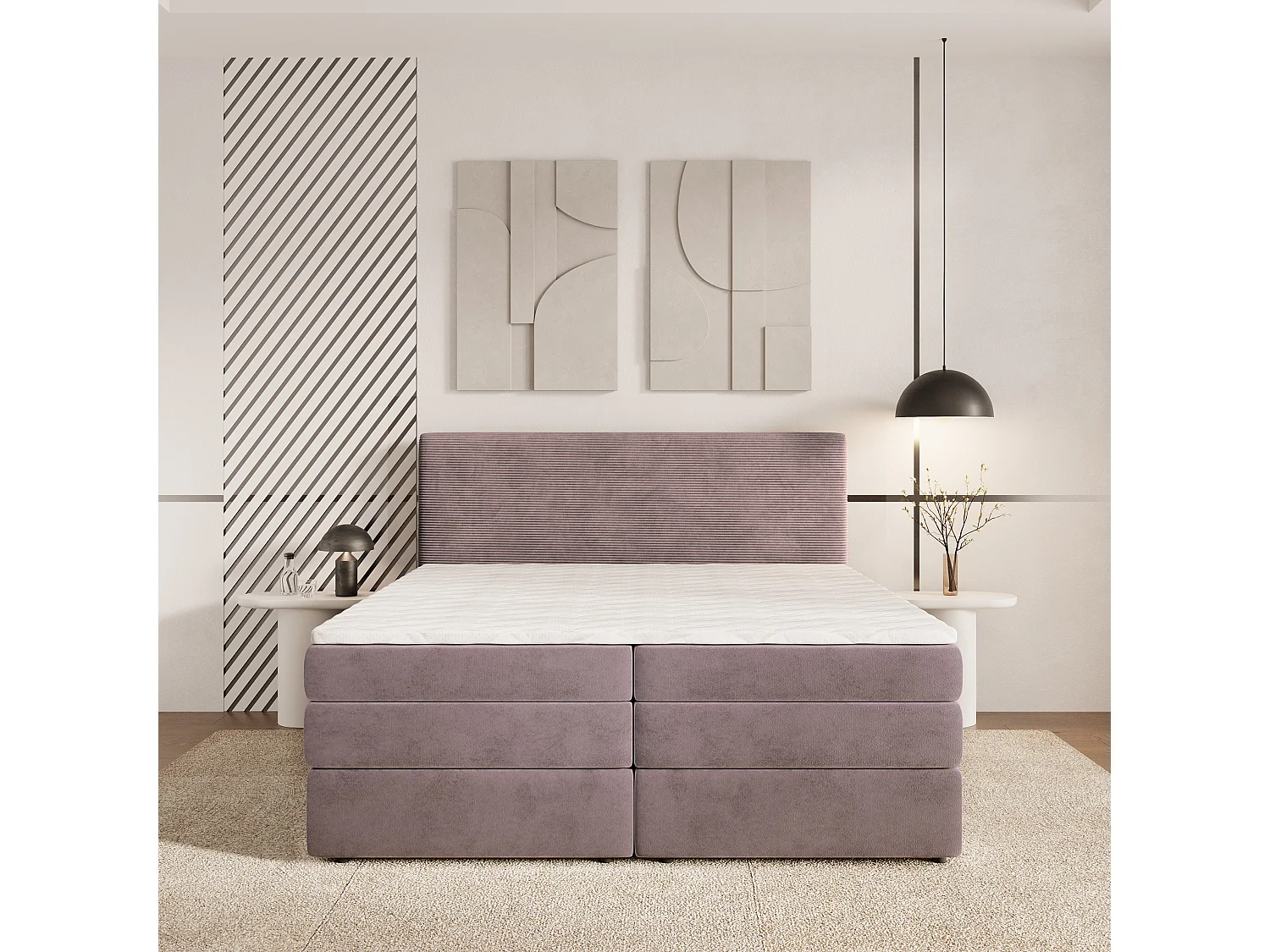 Lit continental MATERN, 180x200 cm, Tissu pelucheux, Rose