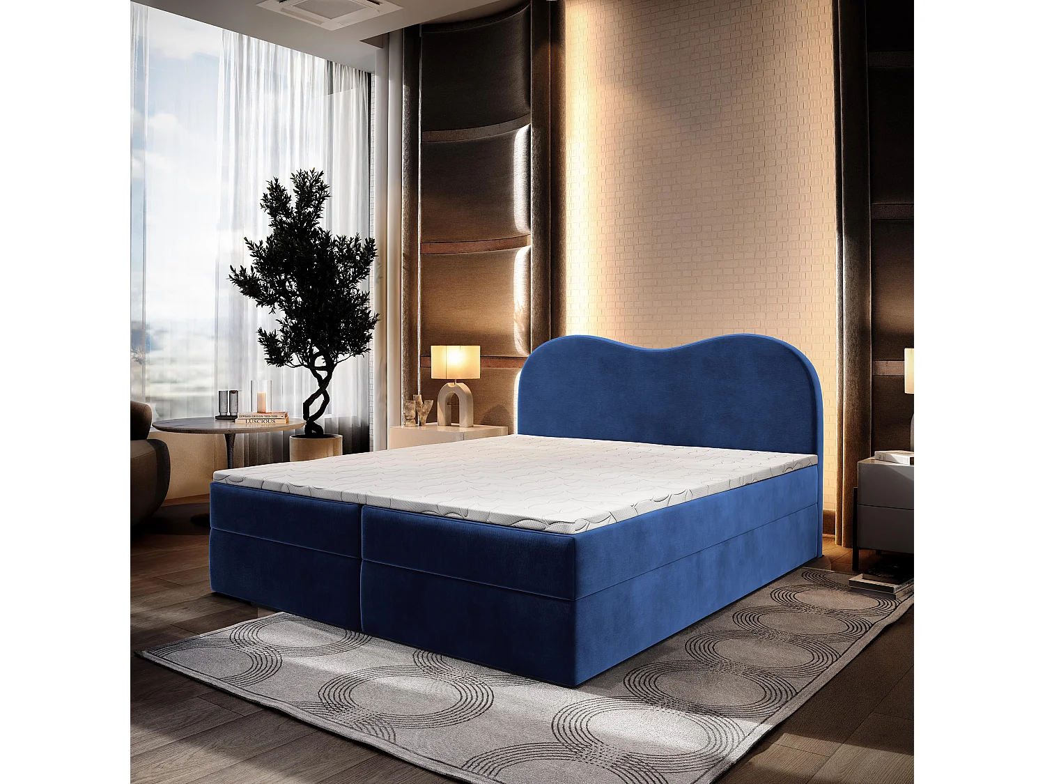 Lit continental FLUVIA, 180x200 cm, Tissu velours, Bleu