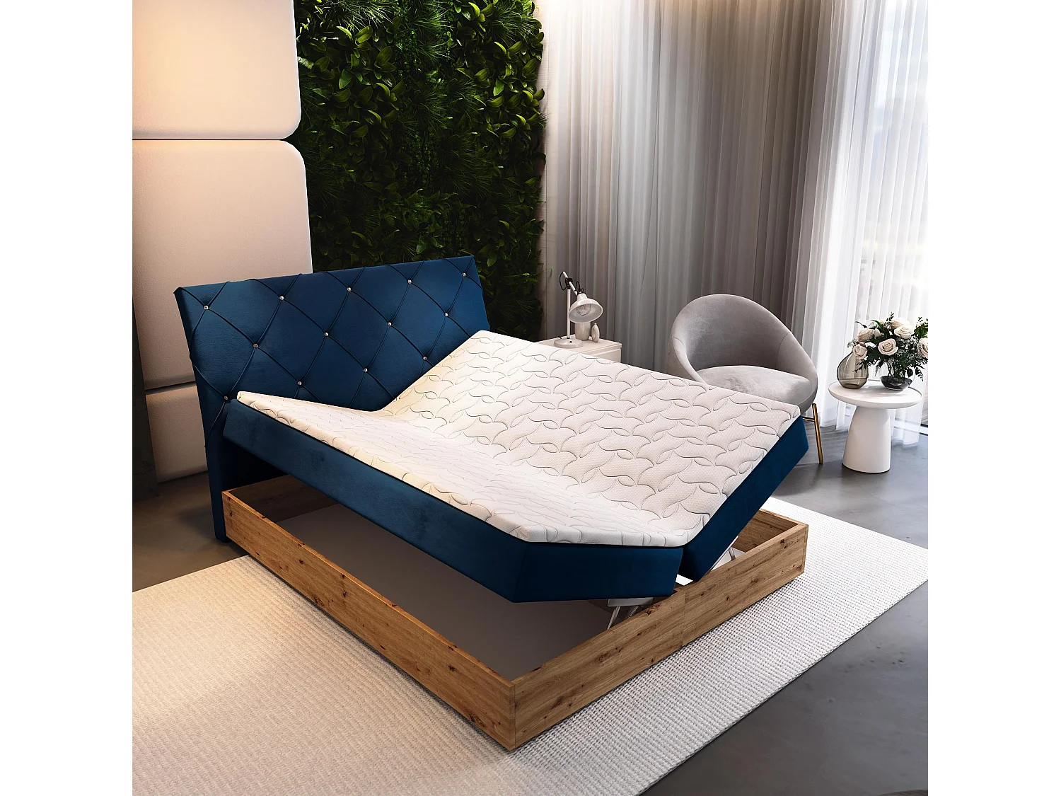 Boxspringbed VELLANO 180x200 cm Set met hoofdbord, bedbodem en matras, Blauw