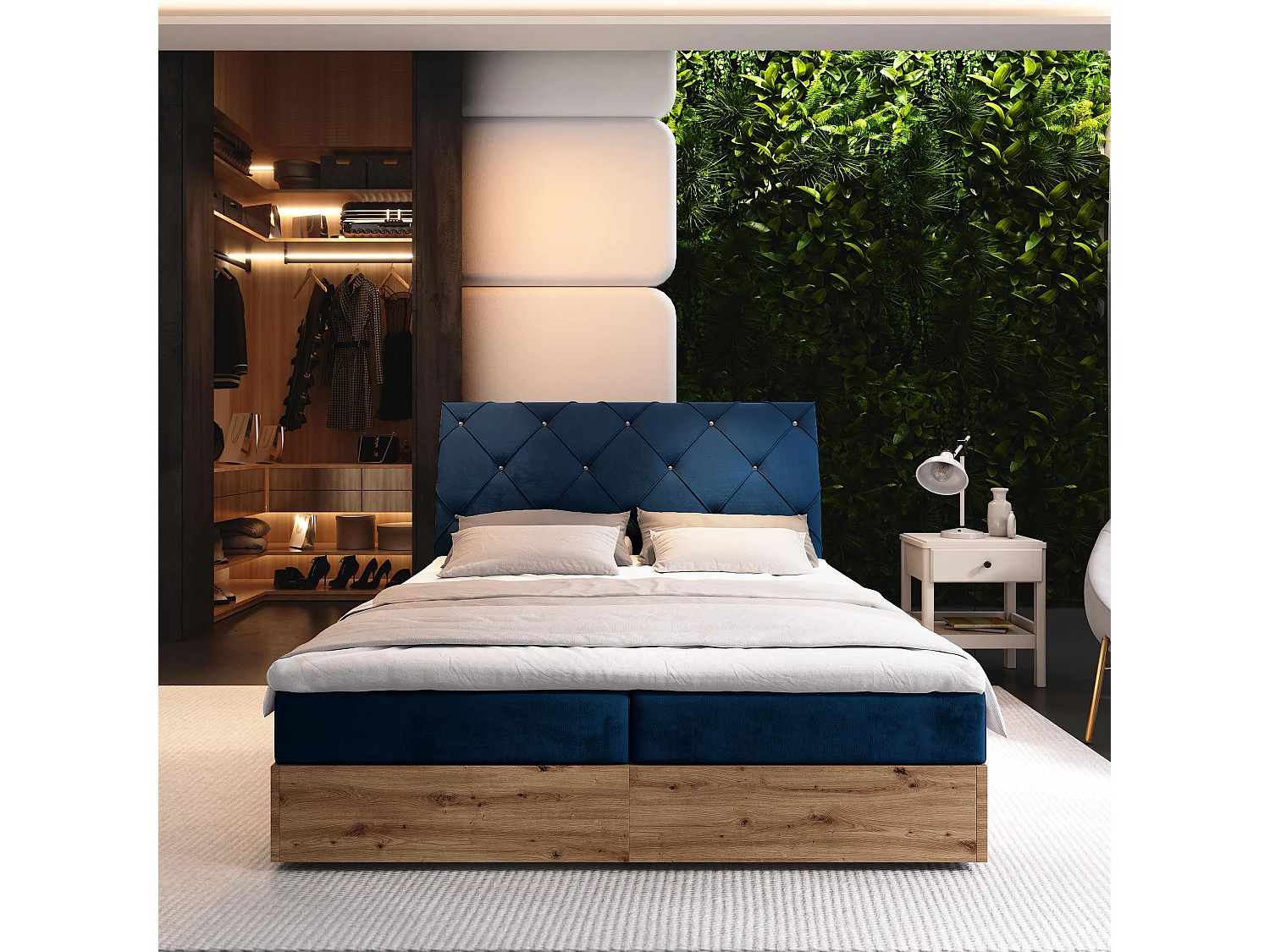 Boxspringbed VELLANO 180x200 cm Set met hoofdbord, bedbodem en matras, Blauw