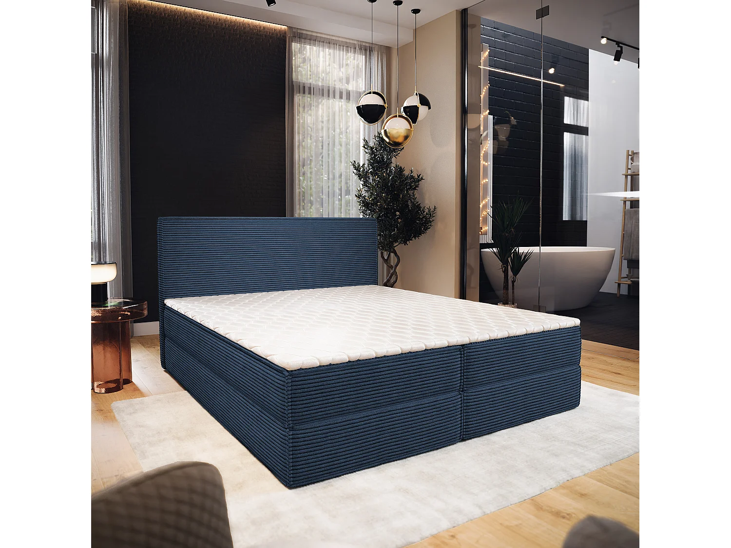 Lit continental PELLIO, 160x200 cm, Tissu en velours côtelé, Bleu