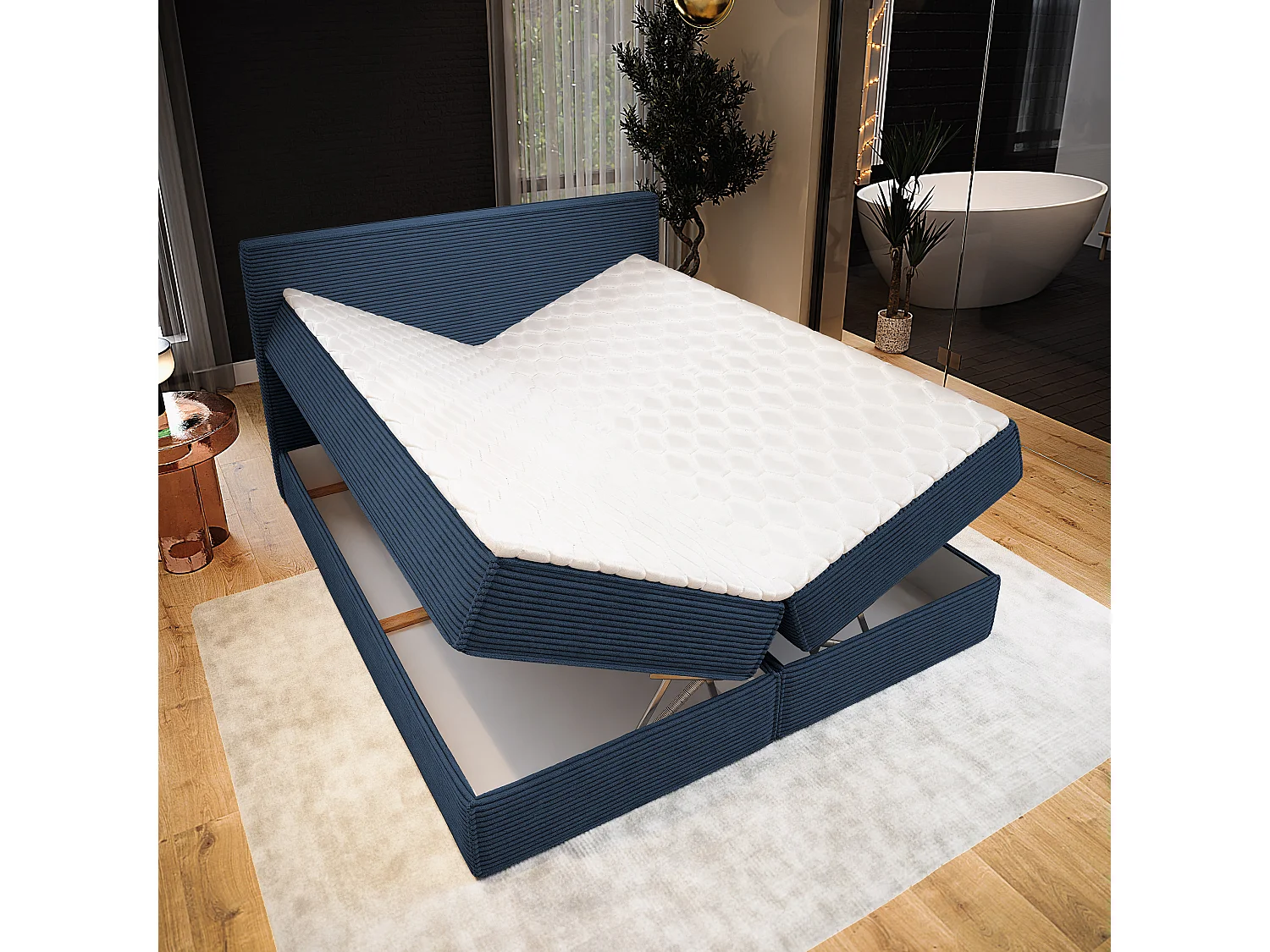 Lit continental PELLIO, 160x200 cm, Tissu en velours côtelé, Bleu