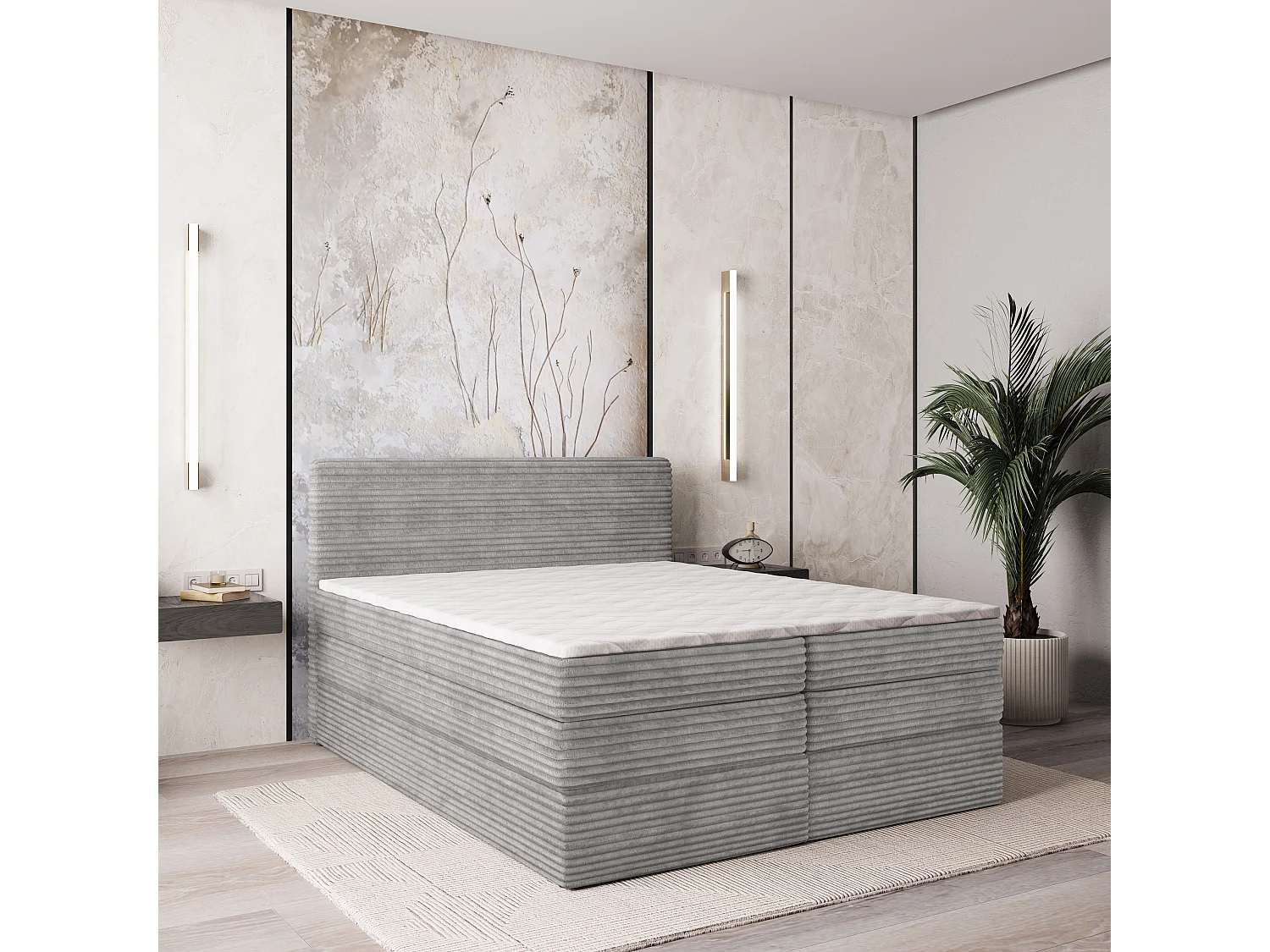 Boxspringbed LUNERA 180x200 cm Set met hoofdbord, bedbodem en matras, Lichtgrijs