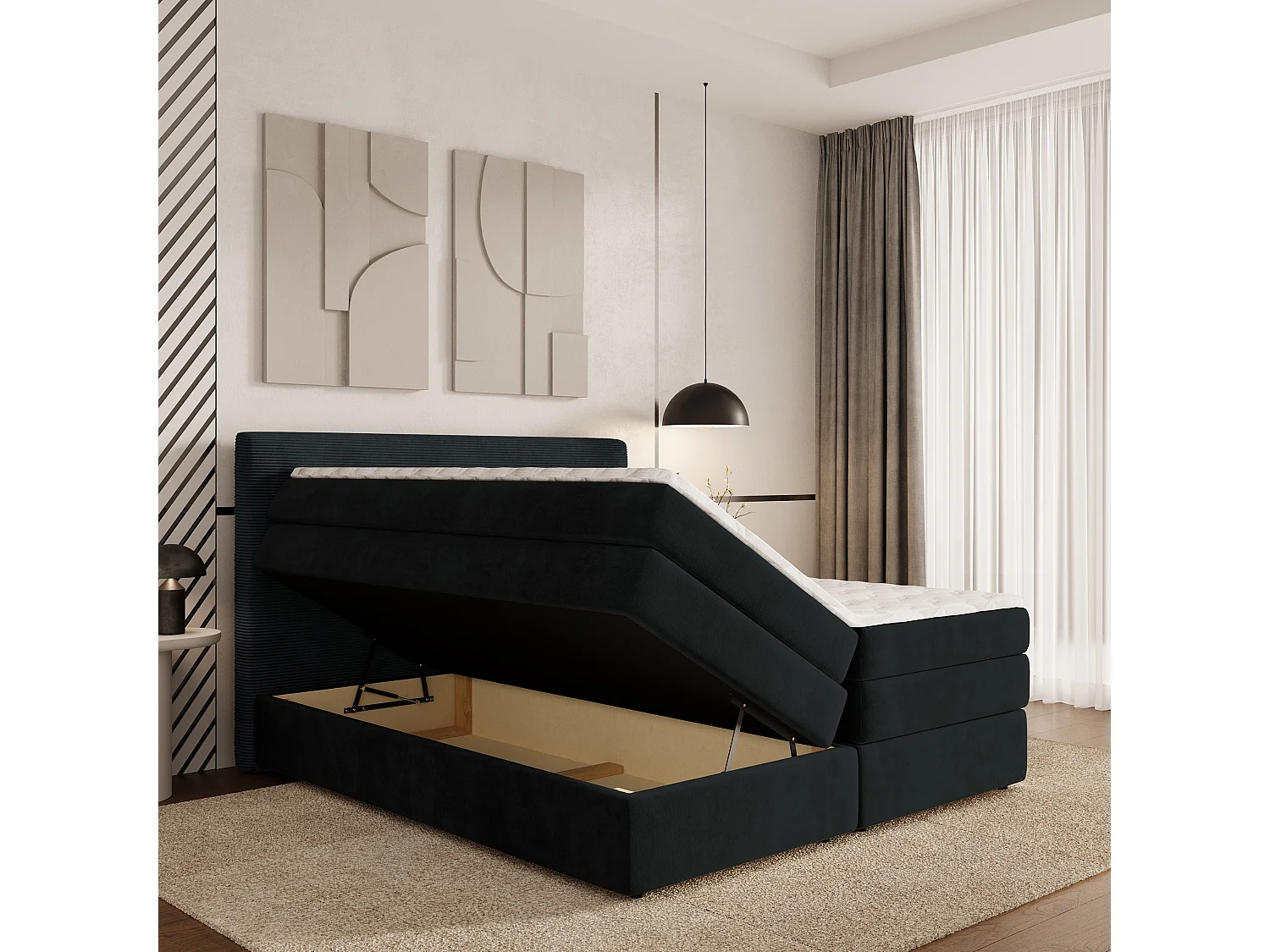 Lit continental MATERN, 140x200 cm, Tissu pelucheux, Noir