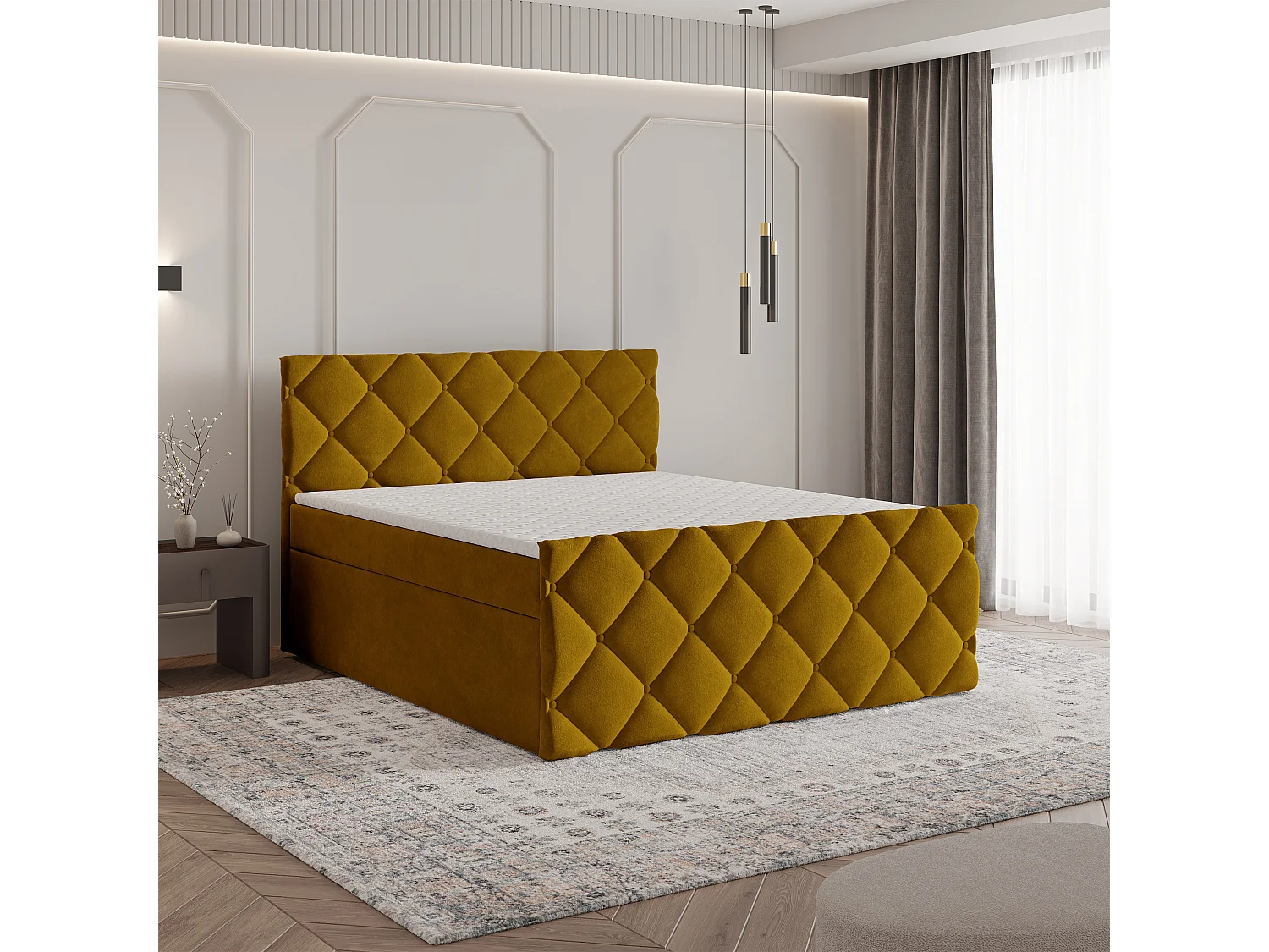 Lit continental ROVARI, 180x200 cm, Tissu pelucheux, Jaune