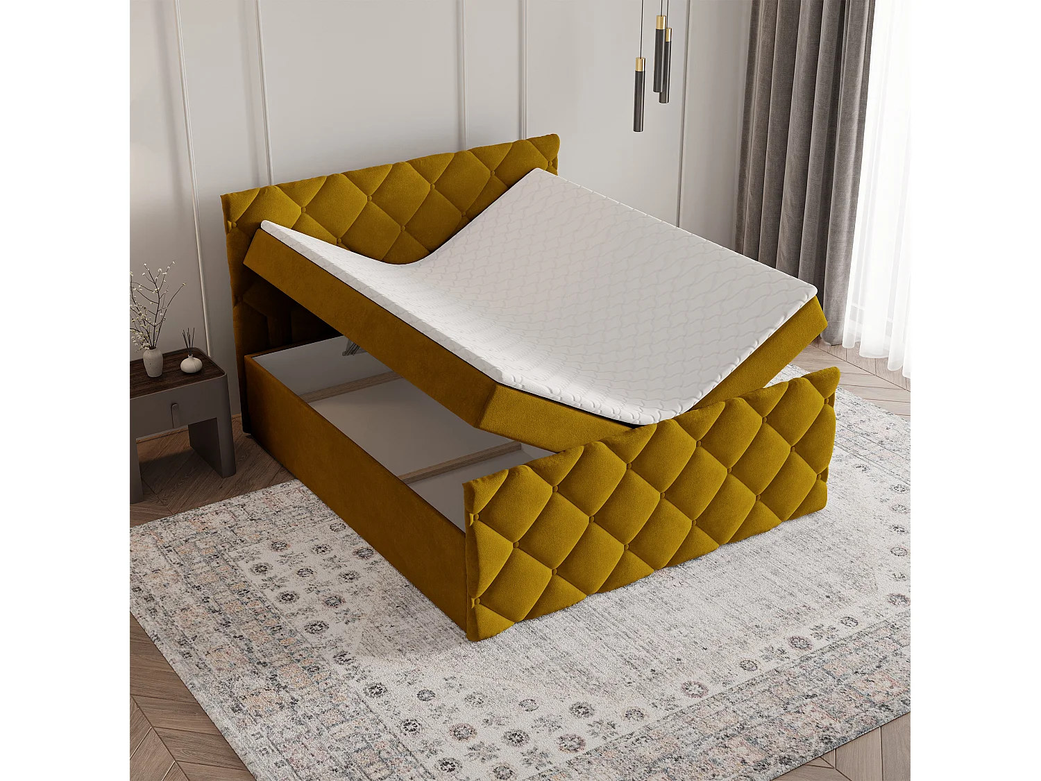 Lit continental ROVARI, 180x200 cm, Tissu pelucheux, Jaune