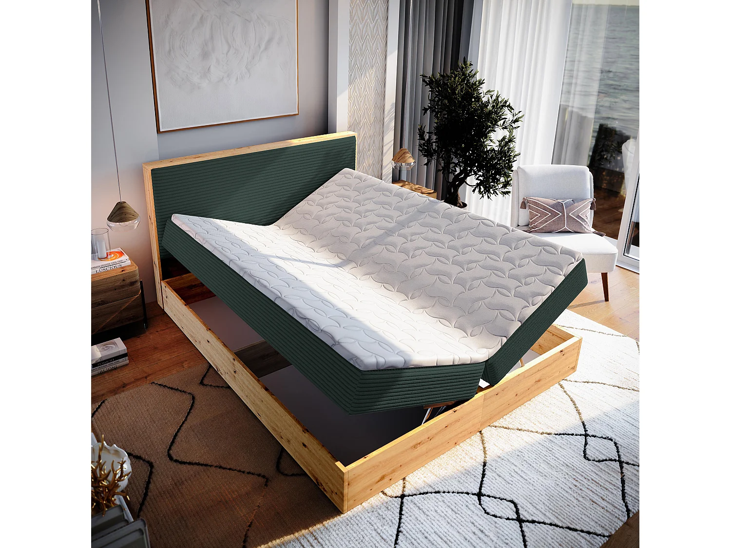 Lit continental VERDON, 160x200 cm, Tissu en velours côtelé, Vert