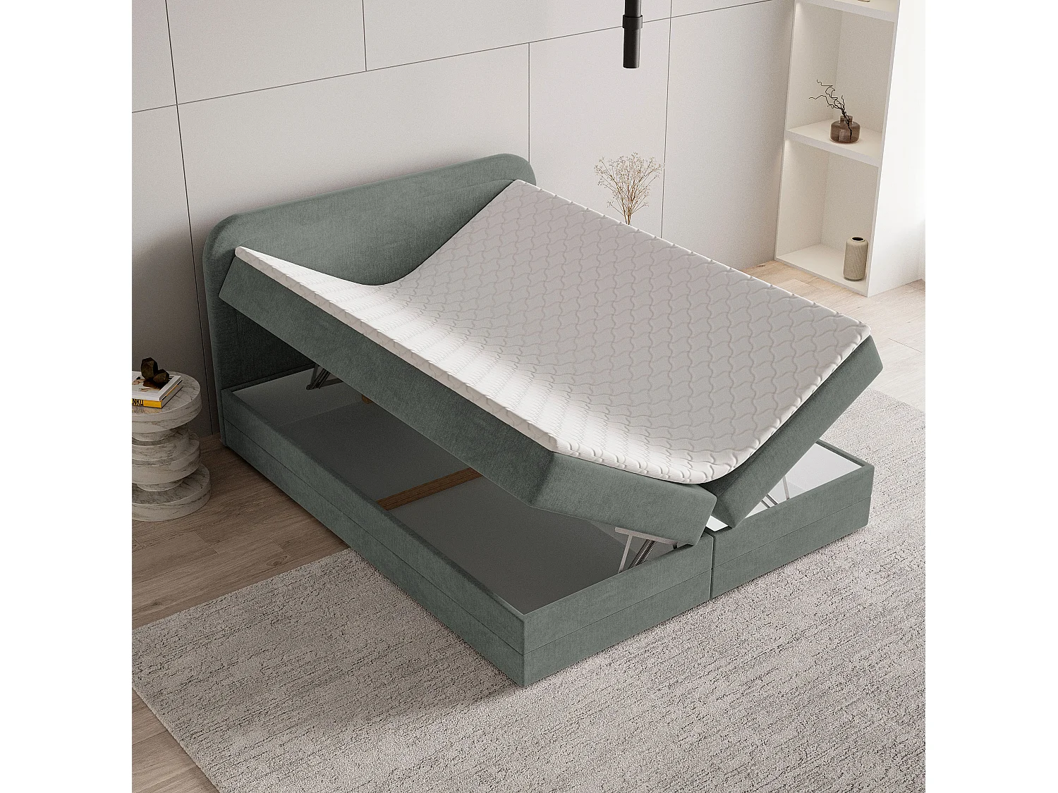 Lit continental ARMEL, 160x200 cm, Tissu velours, Gris