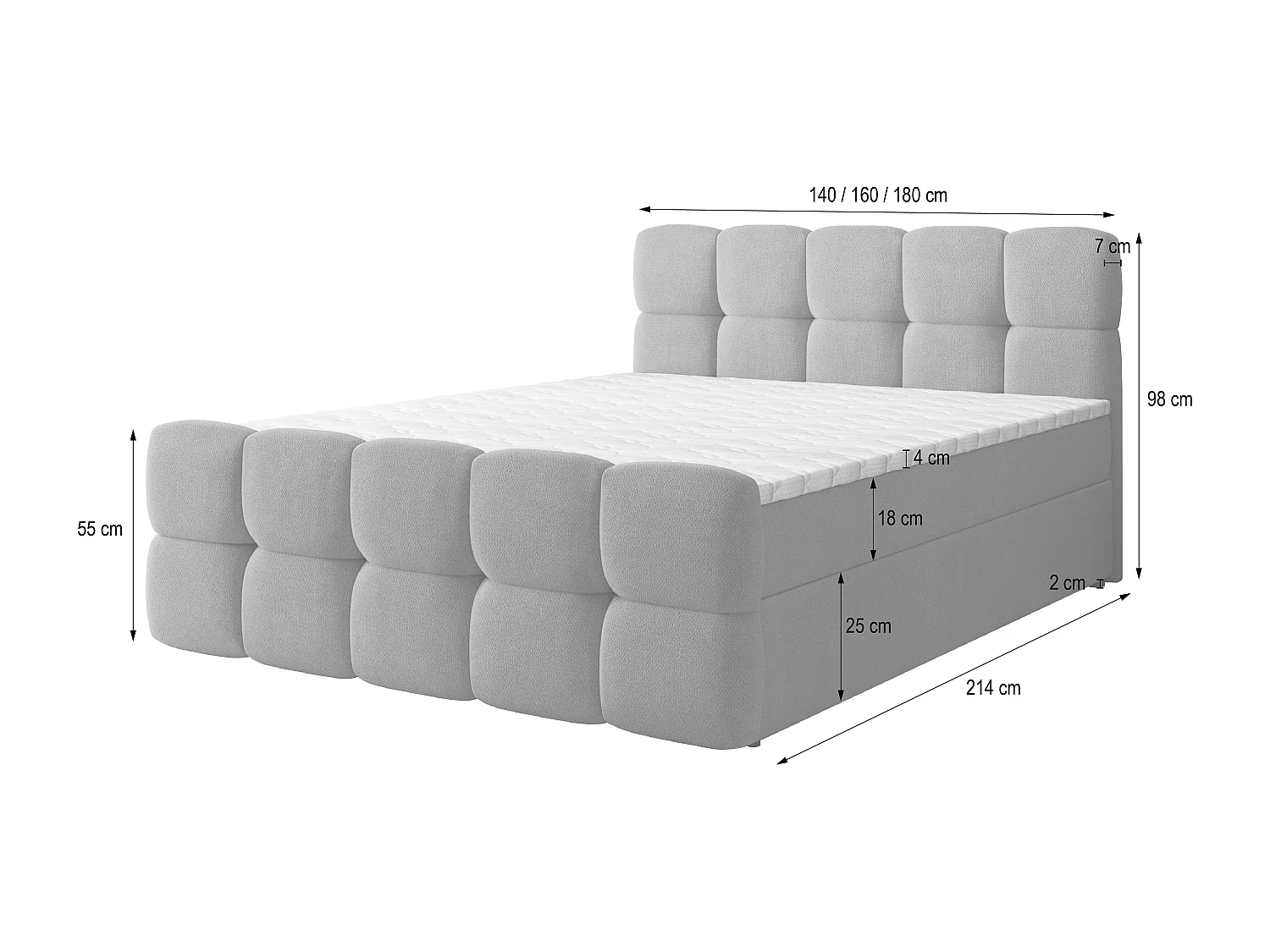 Boxspringbed BRUME 140x200 cm Set met hoofdbord, bedbodem en matras, Grijs