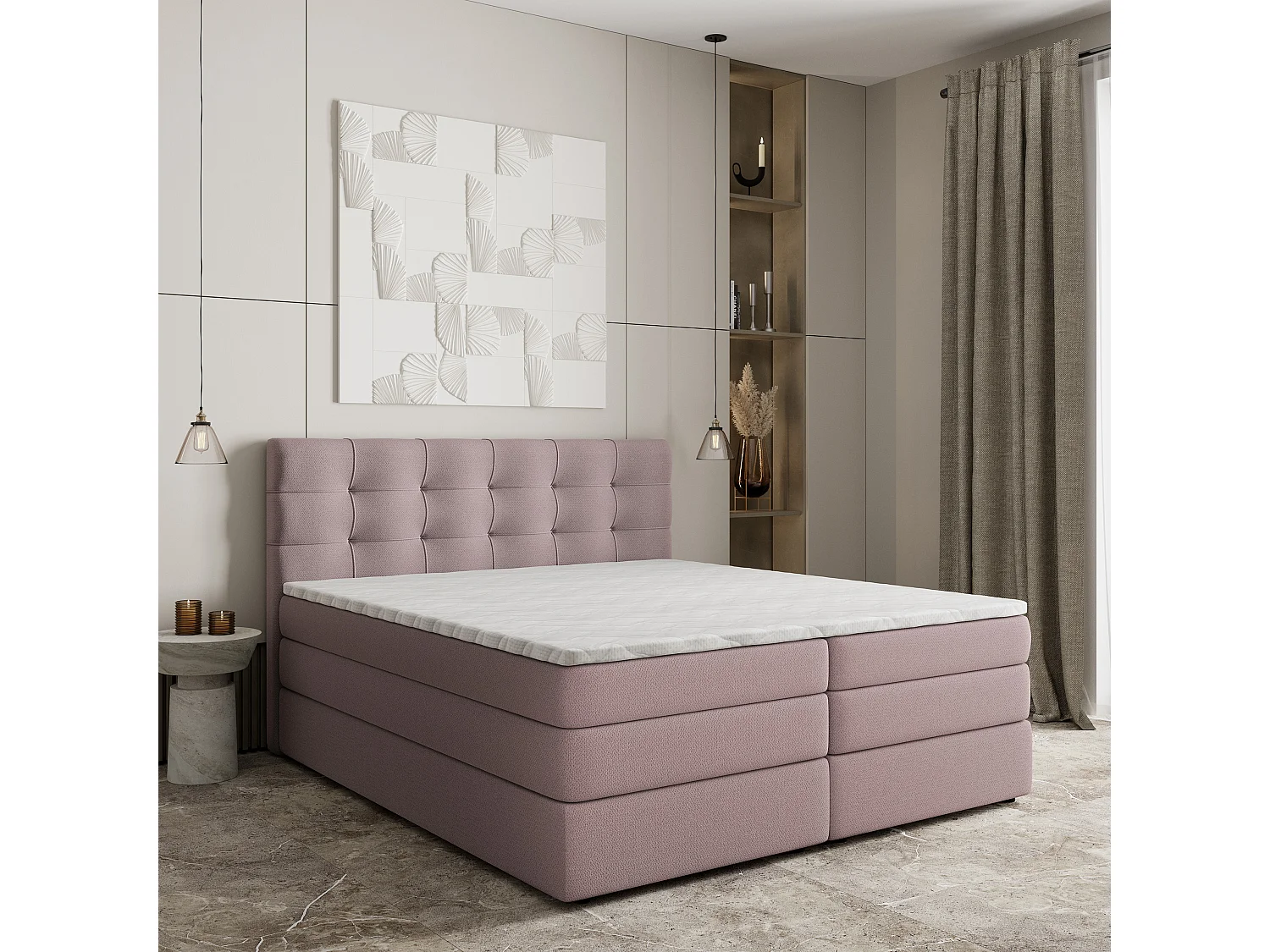 Lit continental AREZI, 180x200 cm, Tissu tressé, Rose