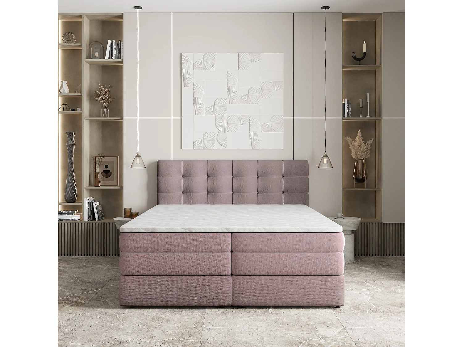Lit continental AREZI, 180x200 cm, Tissu tressé, Rose