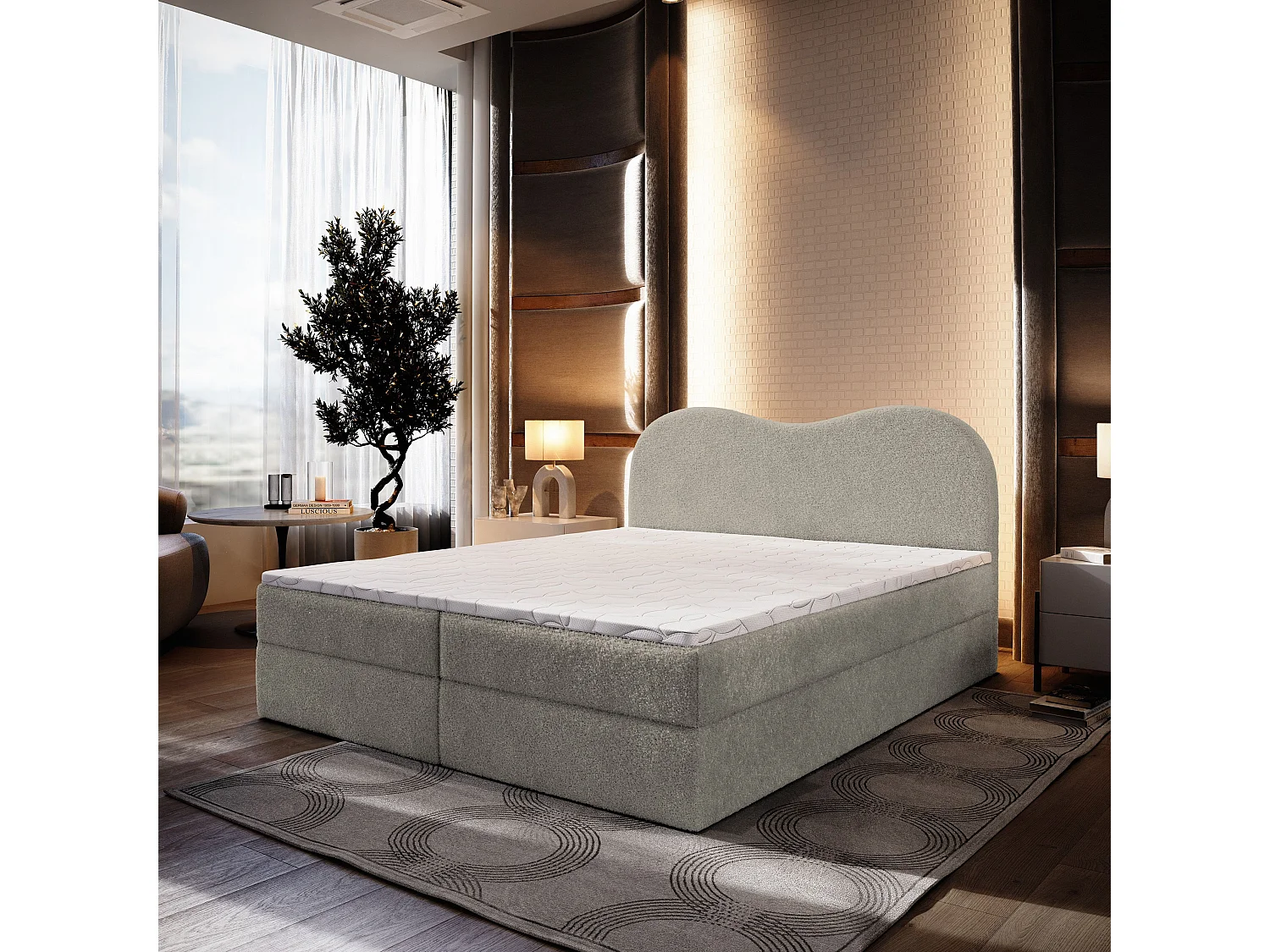 Lit continental FLUVIA, 180x200 cm, Tissu bouclé, Gris clair