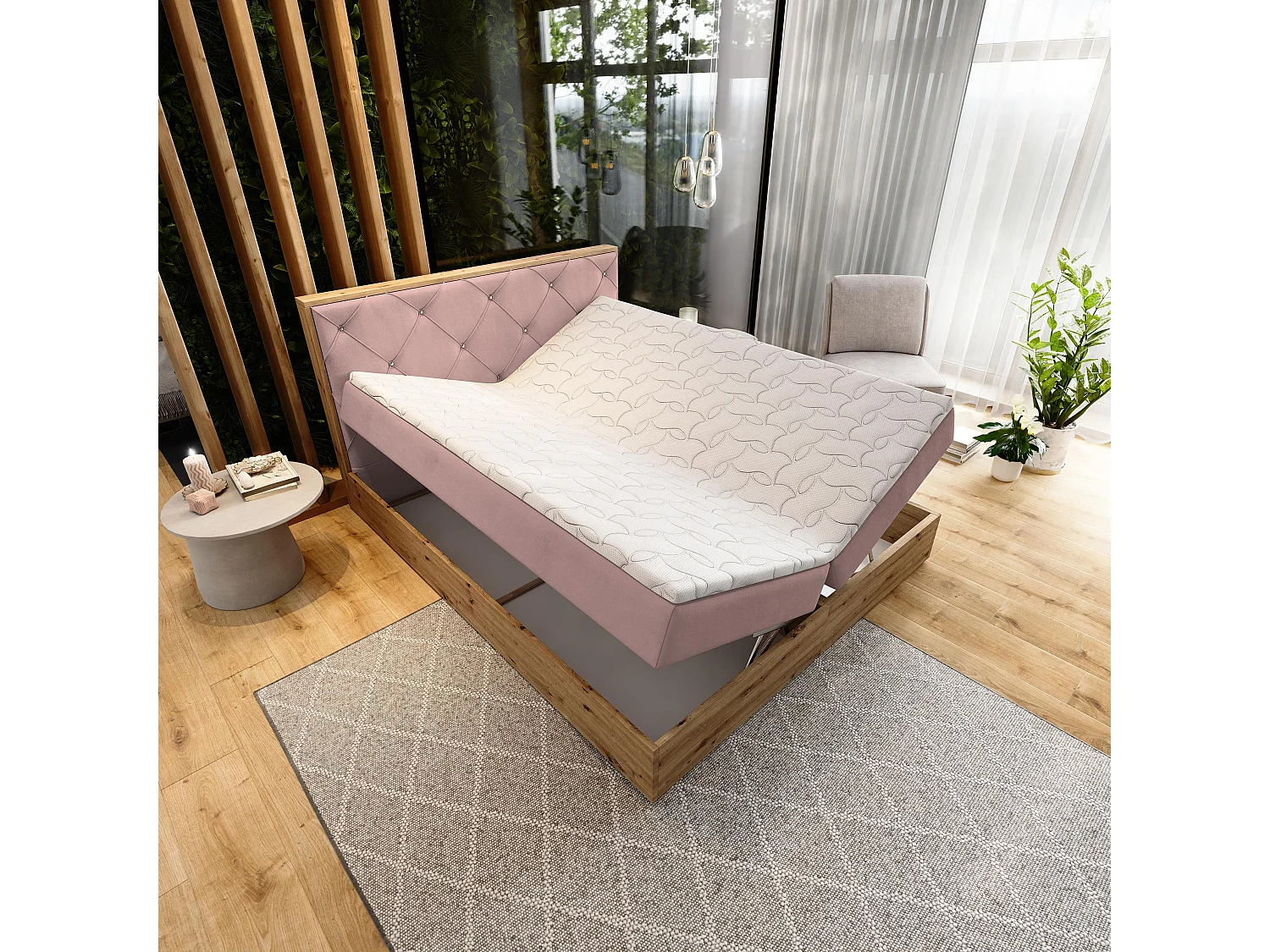 Boxspringbed FOSCO 160x200 cm Set met hoofdbord, bedbodem en matras, Poederroze