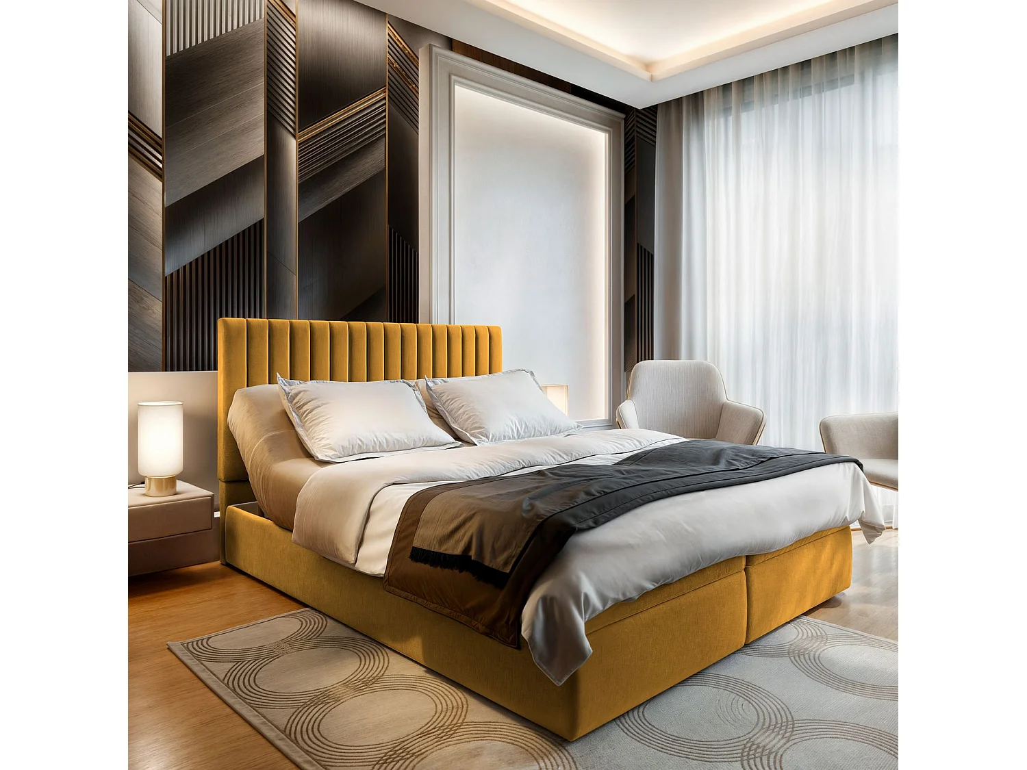 Lit continental MURLO, 180x200 cm, Tissu pelucheux, Jaune