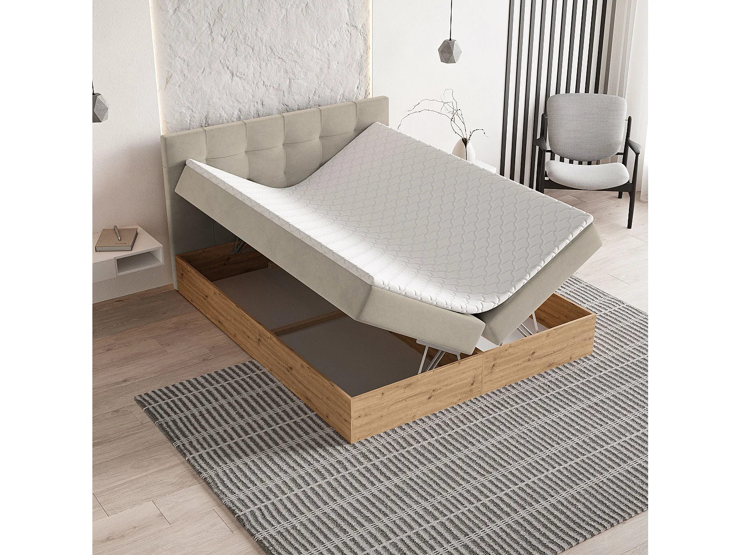 Lit continental MOLVEN, 180x200 cm, Tissu tressé, Beige
