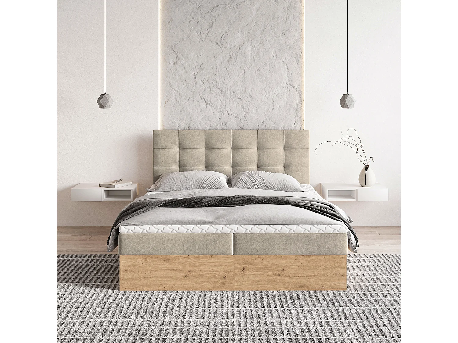 Lit continental MOLVEN, 180x200 cm, Tissu tressé, Beige