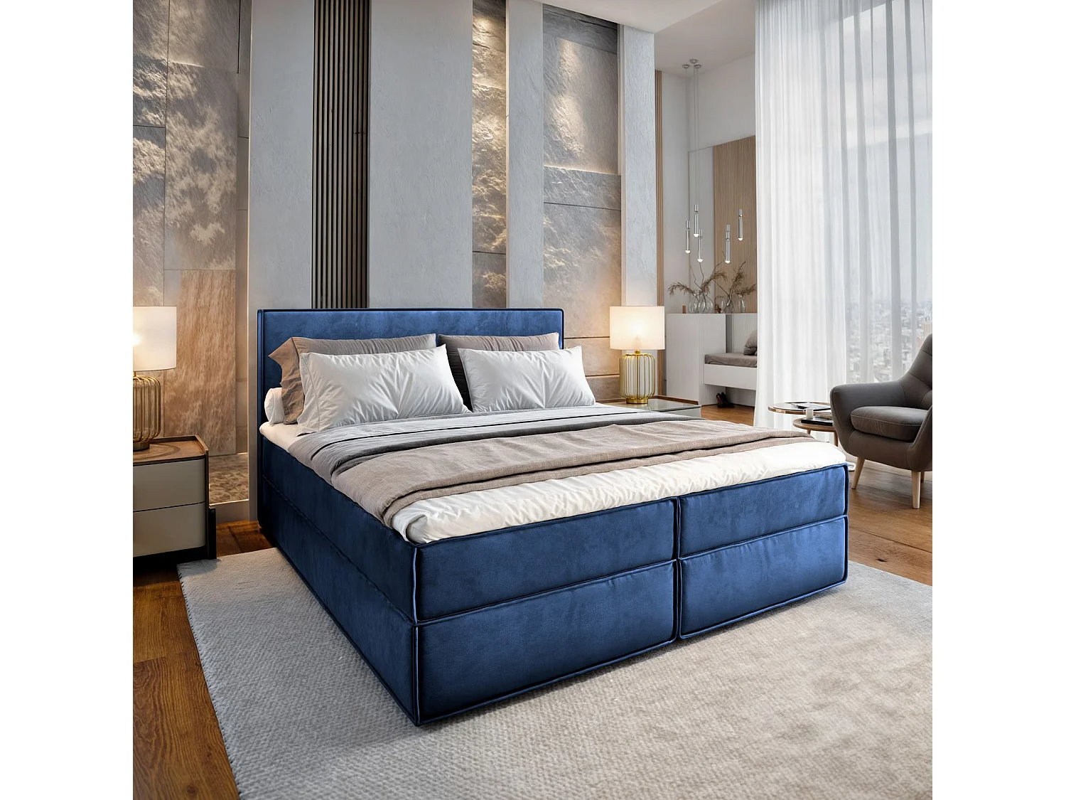 Boxspringbed PELLIO 180x200 cm Set met hoofdbord, bedbodem en matras, Blauw