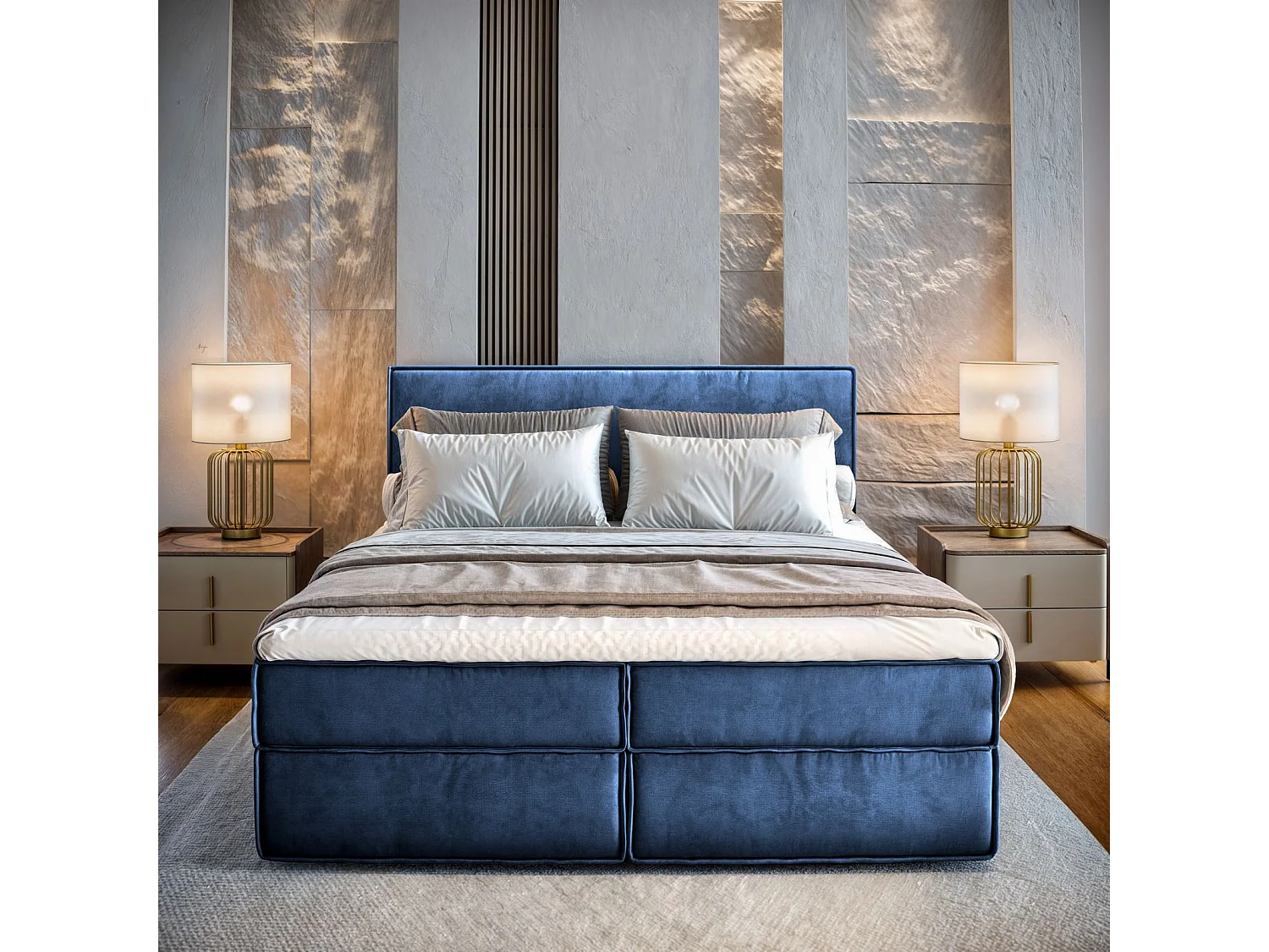 Boxspringbed PELLIO 180x200 cm Set met hoofdbord, bedbodem en matras, Blauw