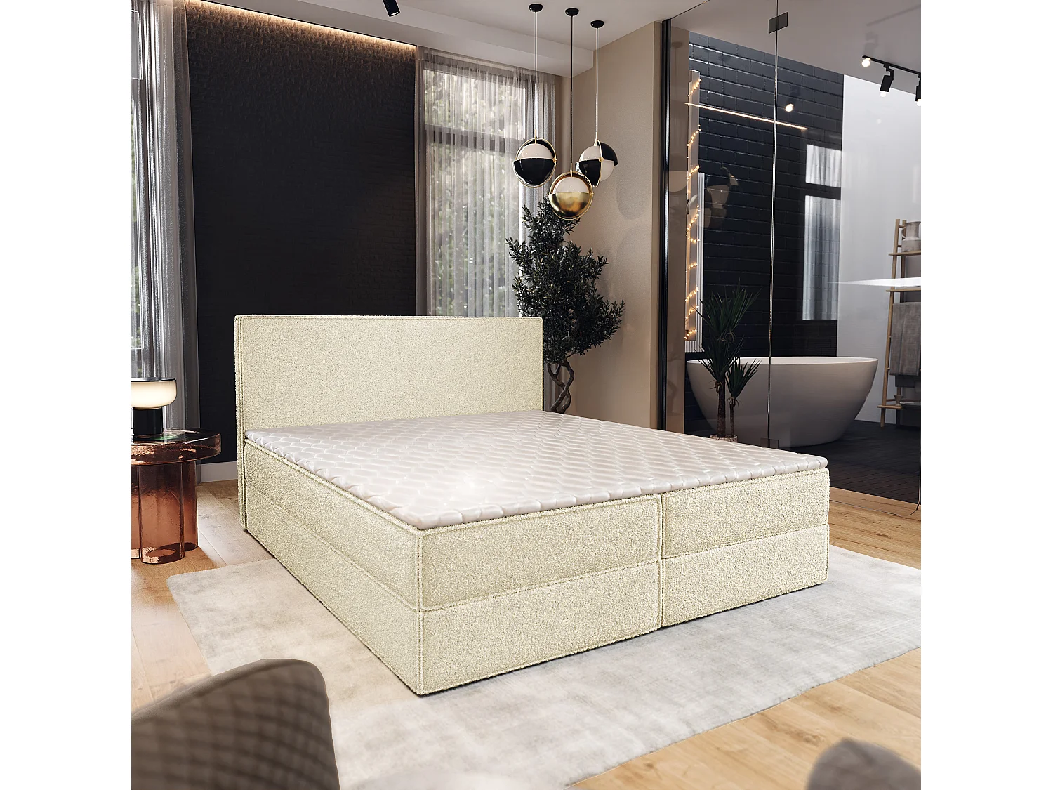 Lit continental PELLIO, 180x200 cm, Tissu bouclé, Couleur crème