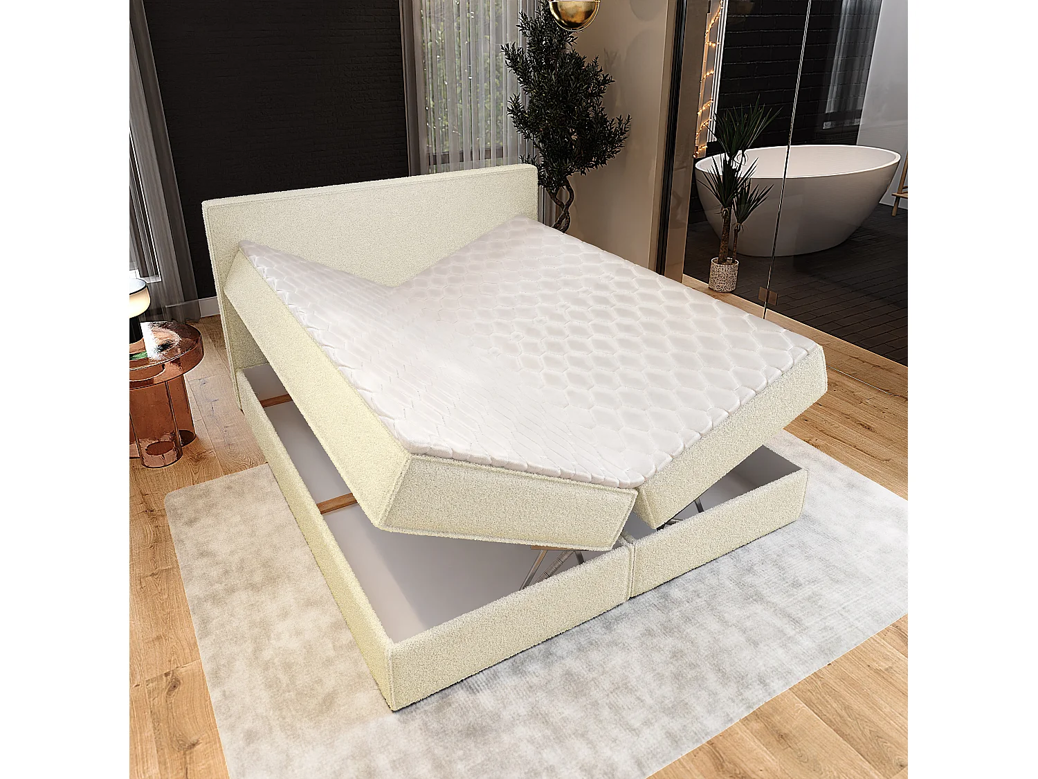 Lit continental PELLIO, 180x200 cm, Tissu bouclé, Couleur crème
