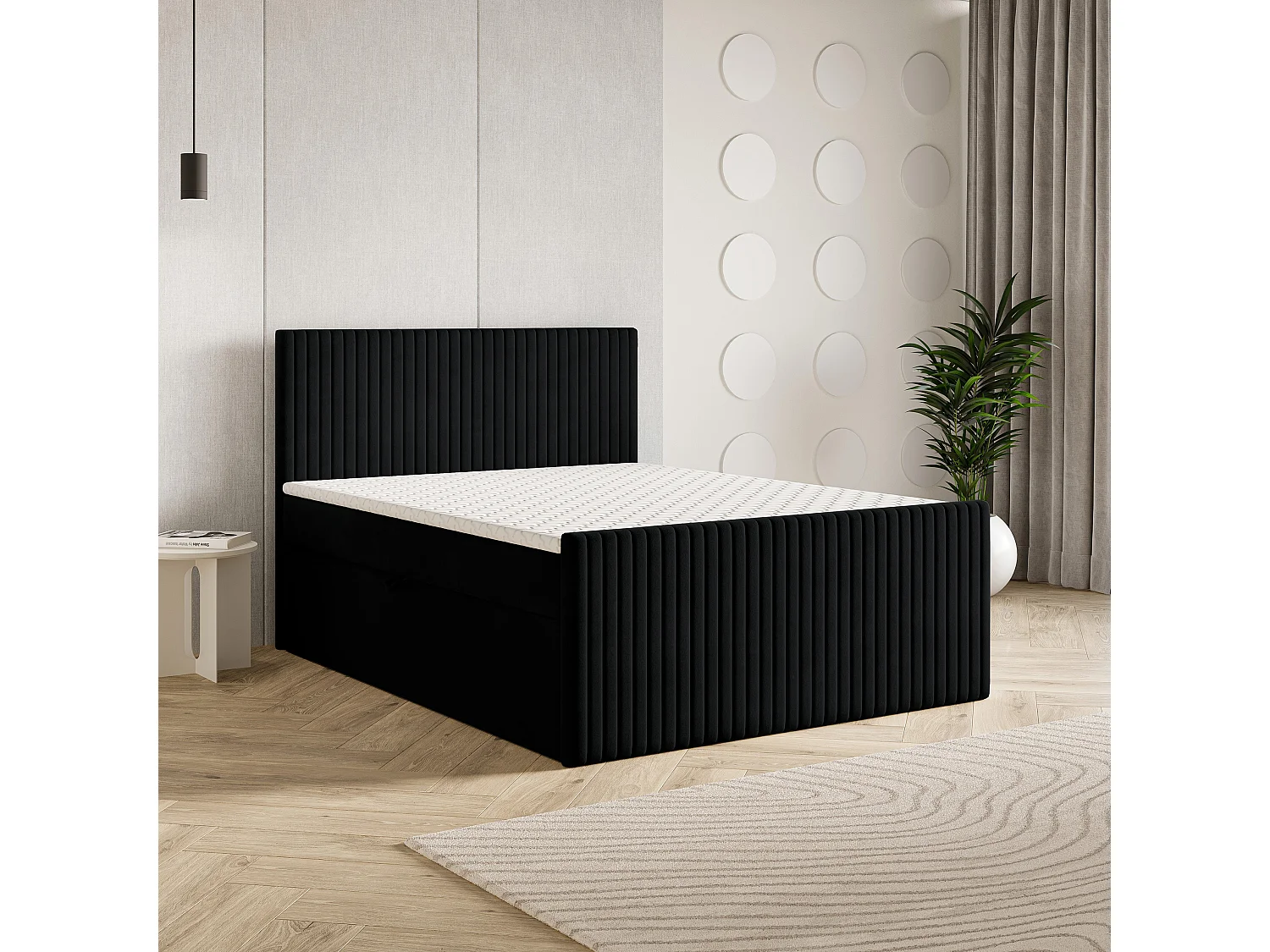 Lit continental TERVAN, 140x200 cm, Tissu pelucheux, Noir