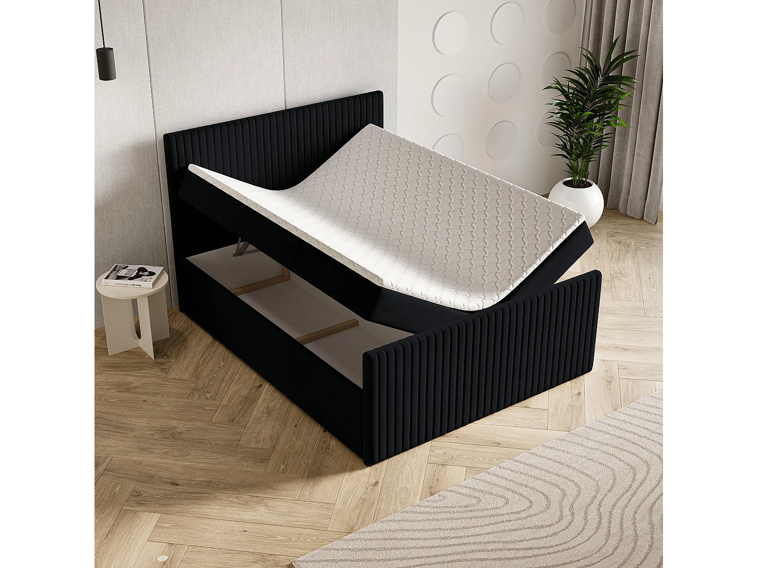 Lit continental TERVAN, 140x200 cm, Tissu pelucheux, Noir