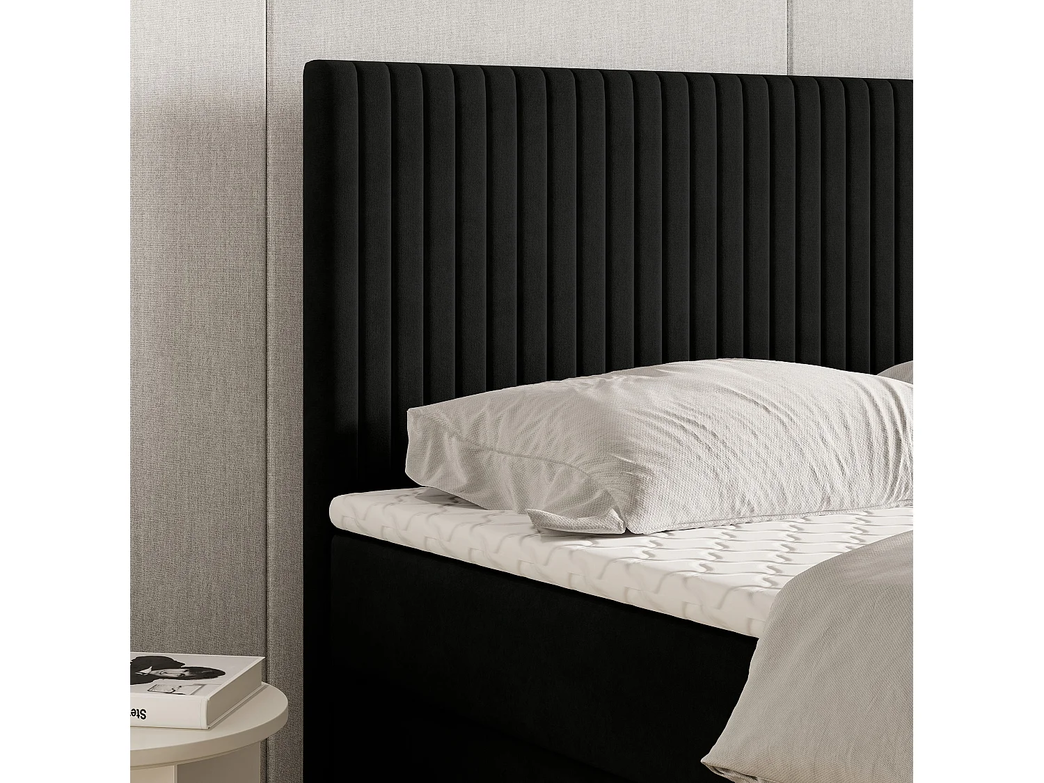 Lit continental TERVAN, 140x200 cm, Tissu pelucheux, Noir