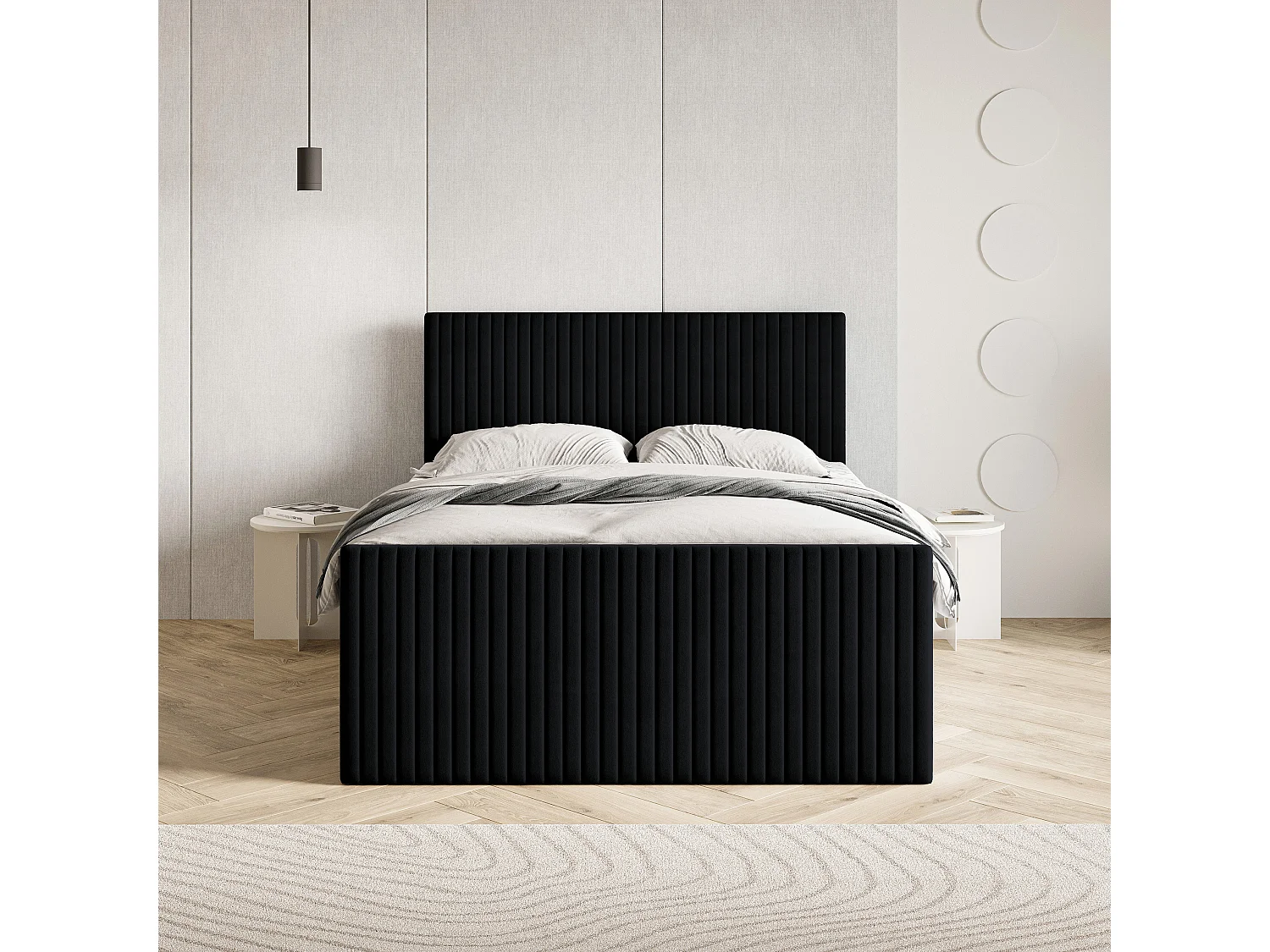 Lit continental TERVAN, 140x200 cm, Tissu pelucheux, Noir