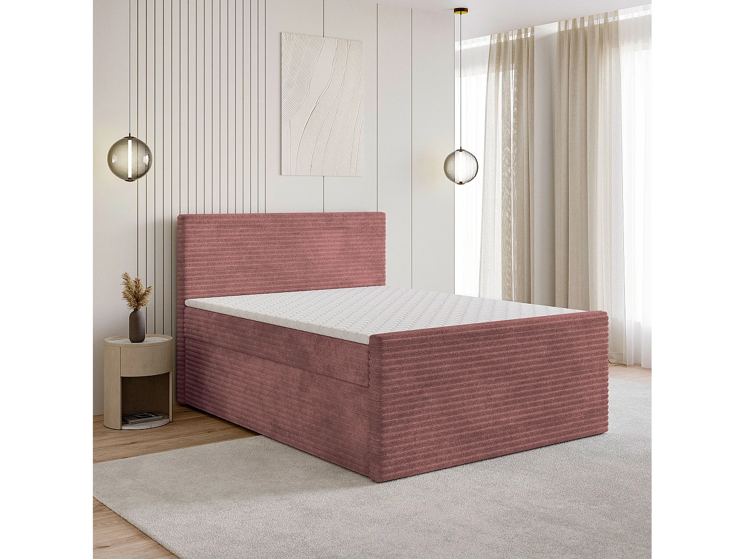 Boxspringbed NOLEN 160x200 cm Set met hoofdbord, bedbodem en matras, Poederroze
