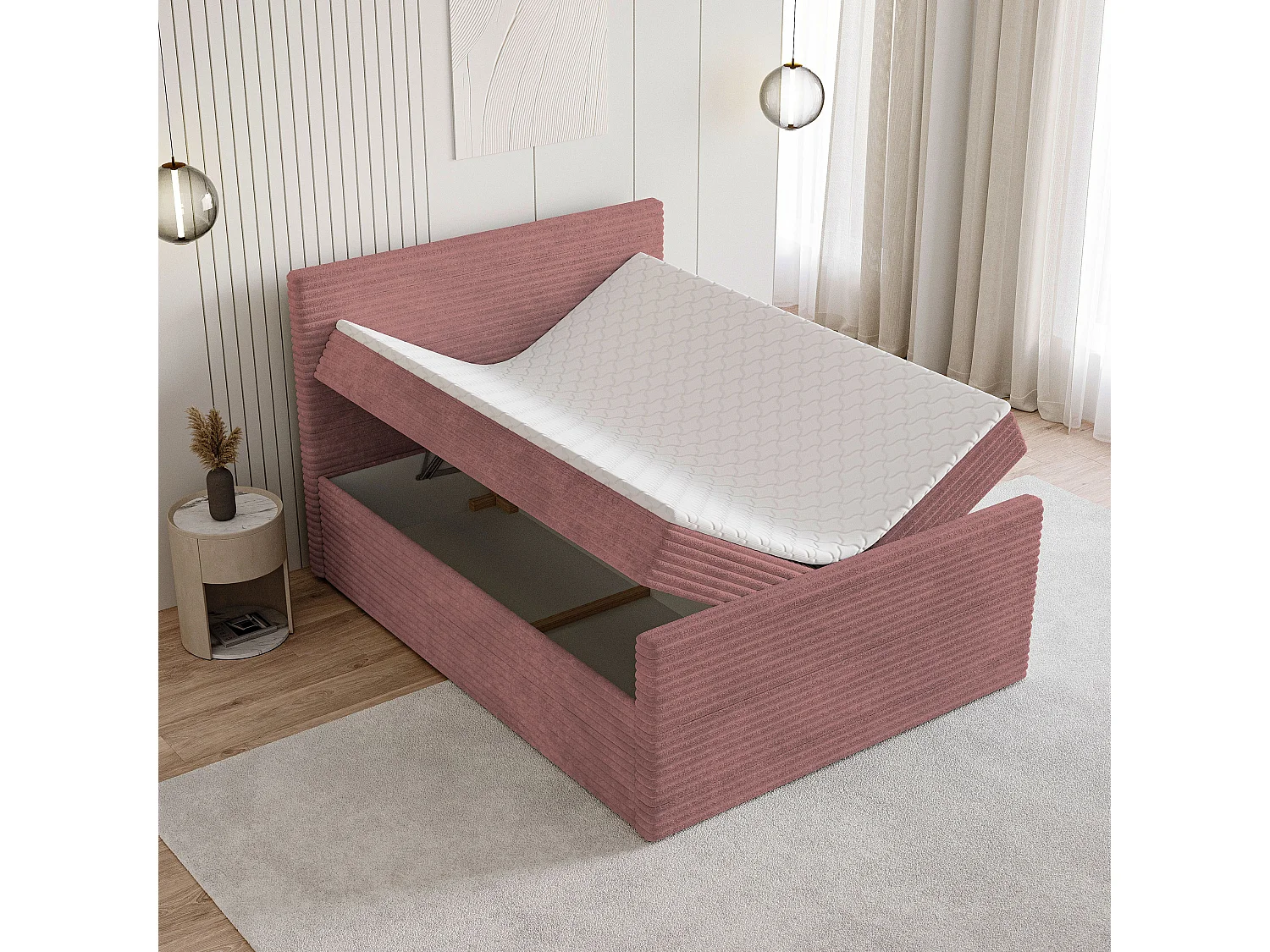 Boxspringbed NOLEN 160x200 cm Set met hoofdbord, bedbodem en matras, Poederroze