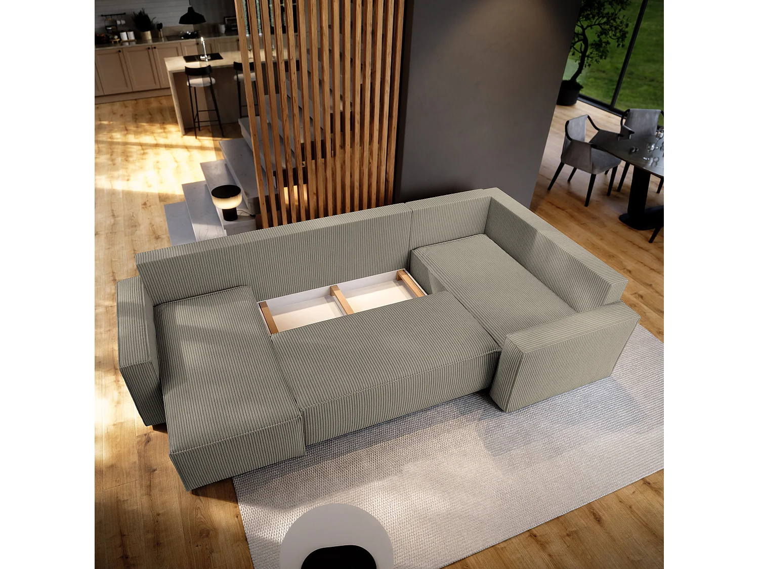 Hoekbank NORENA van fluweel met slaapfunctie Beige